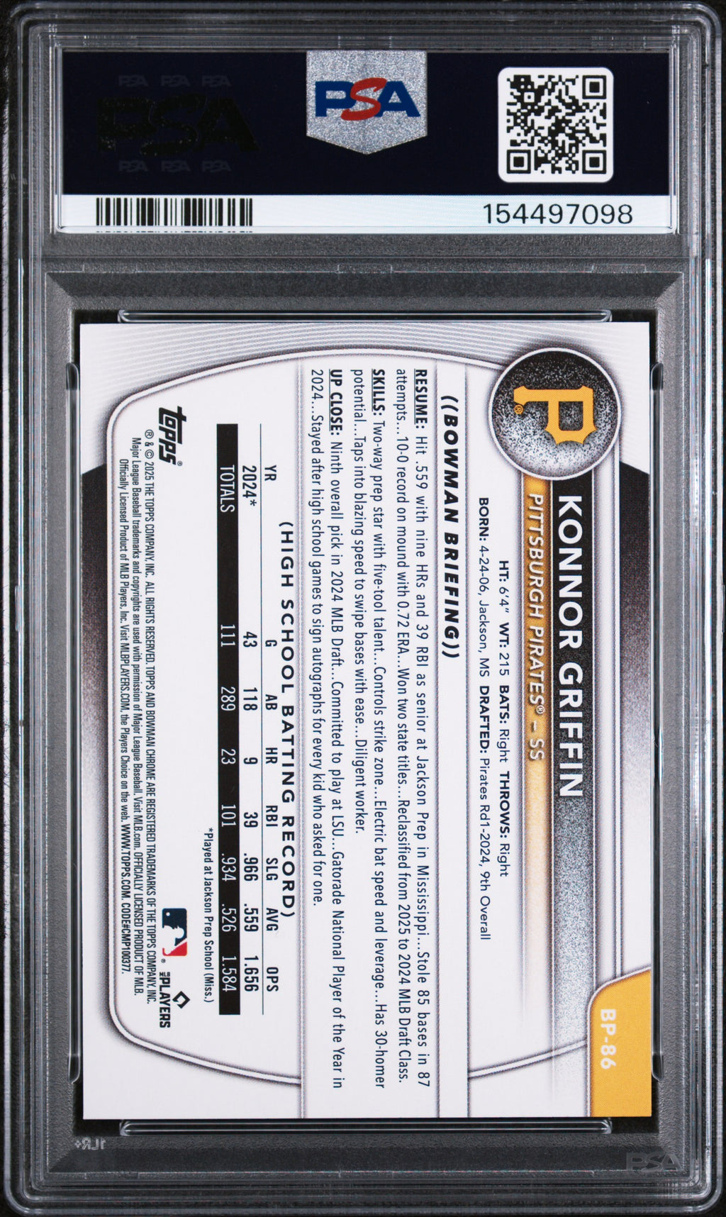 2025 Bowman Paper Prospects #BP86 Konnor Griffin PSA 10