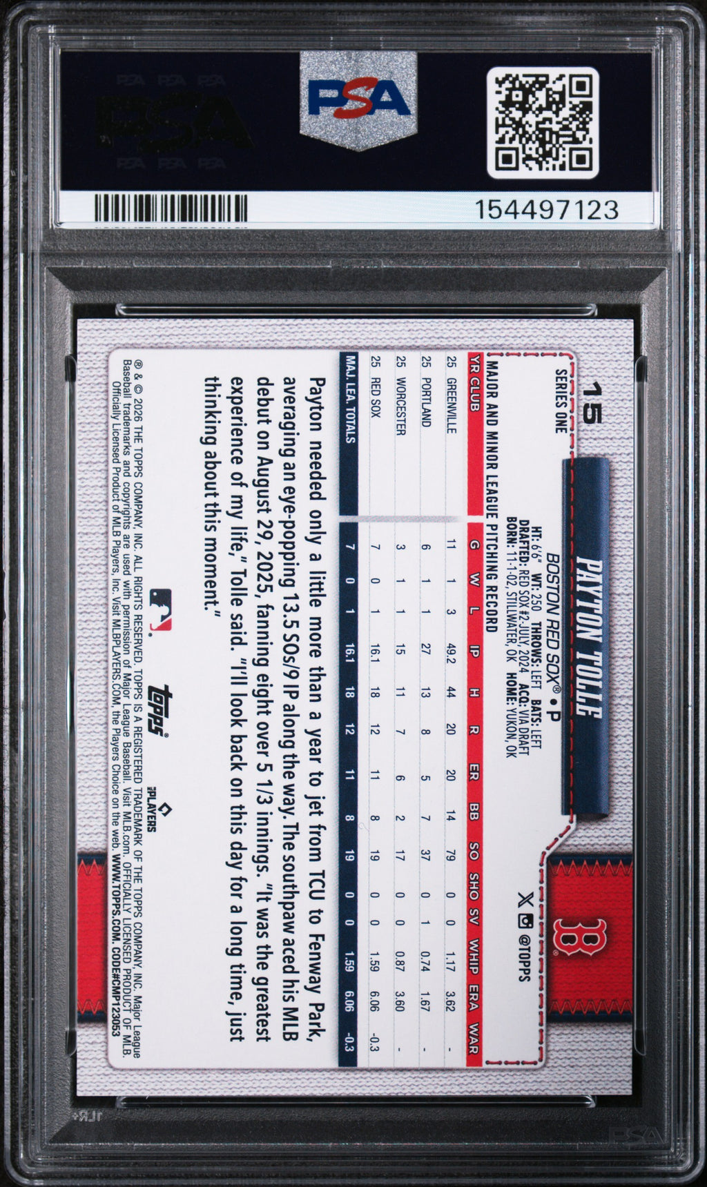 (#97123) Payton Tolle 2026 Topps #15 PSA 10