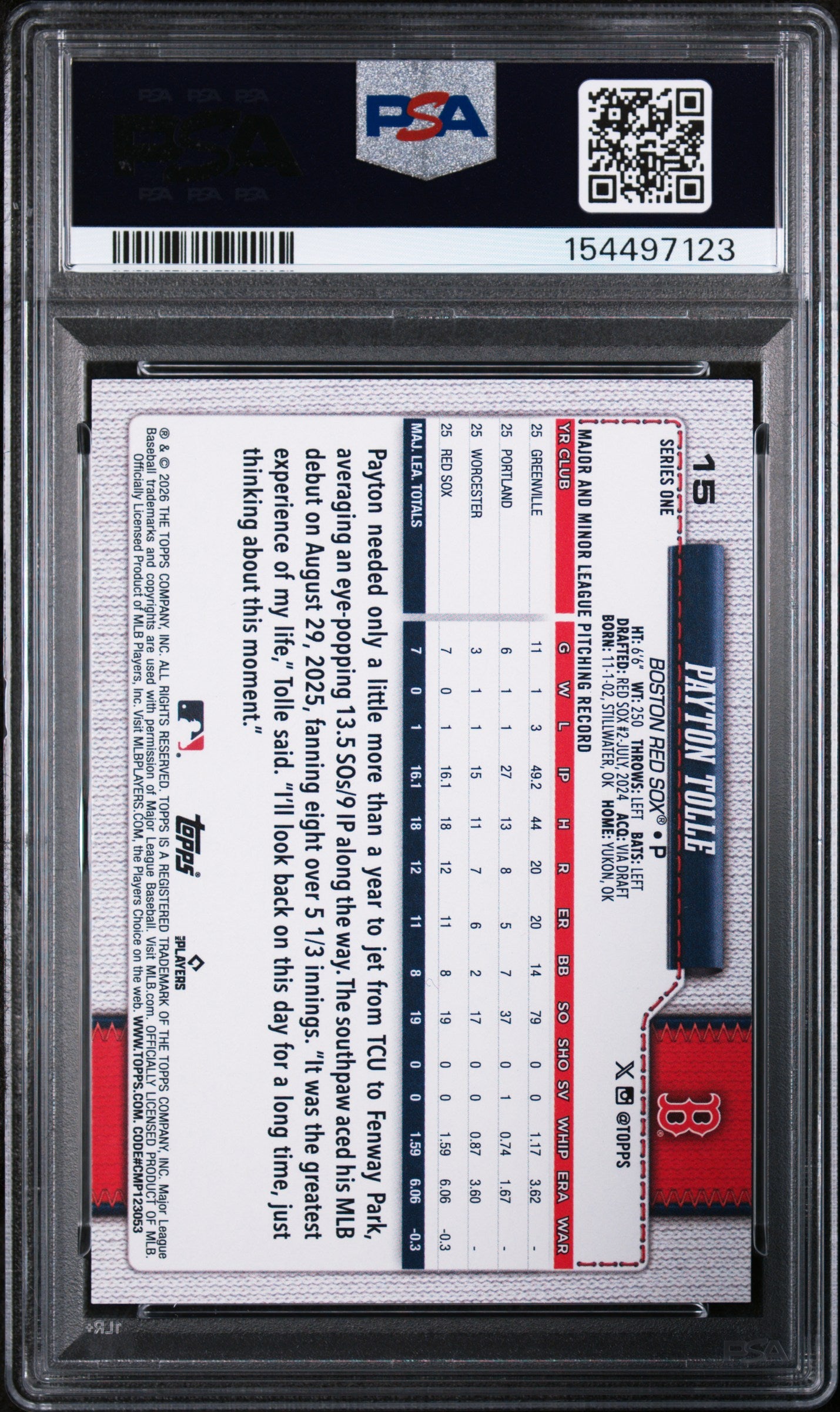 (#97123) Payton Tolle 2026 Topps #15 PSA 10