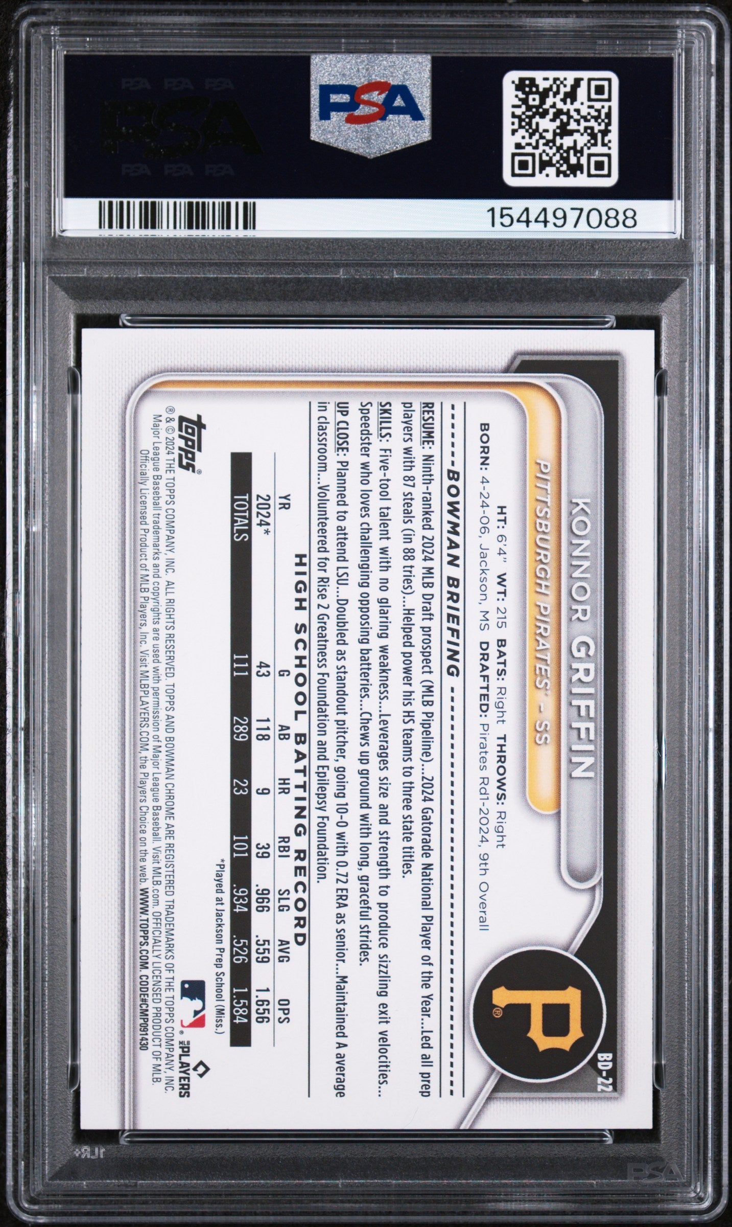 2024 Bowman Draft #BD22 Konnor Griffin PSA 10