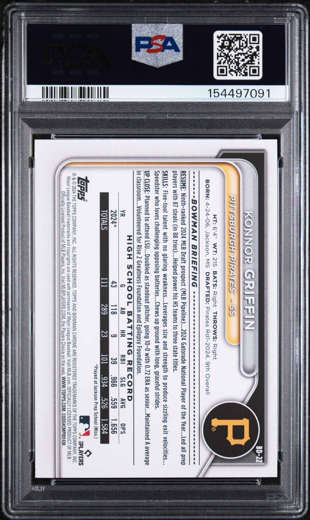 2024 Bowman Draft #BD22 Konnor Griffin PSA 10