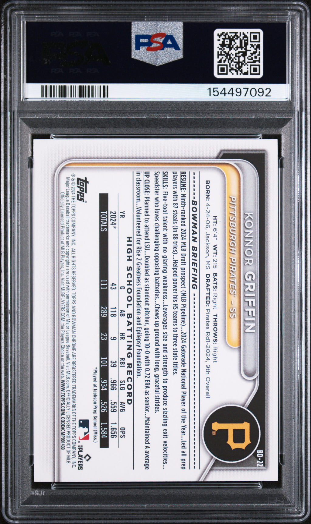 2024 Bowman Draft #BD22 Konnor Griffin PSA 10