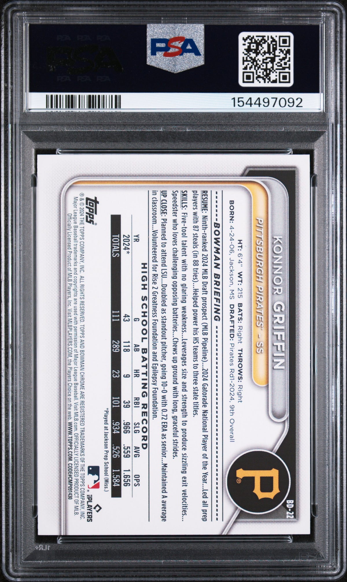 2024 Bowman Draft #BD22 Konnor Griffin PSA 10