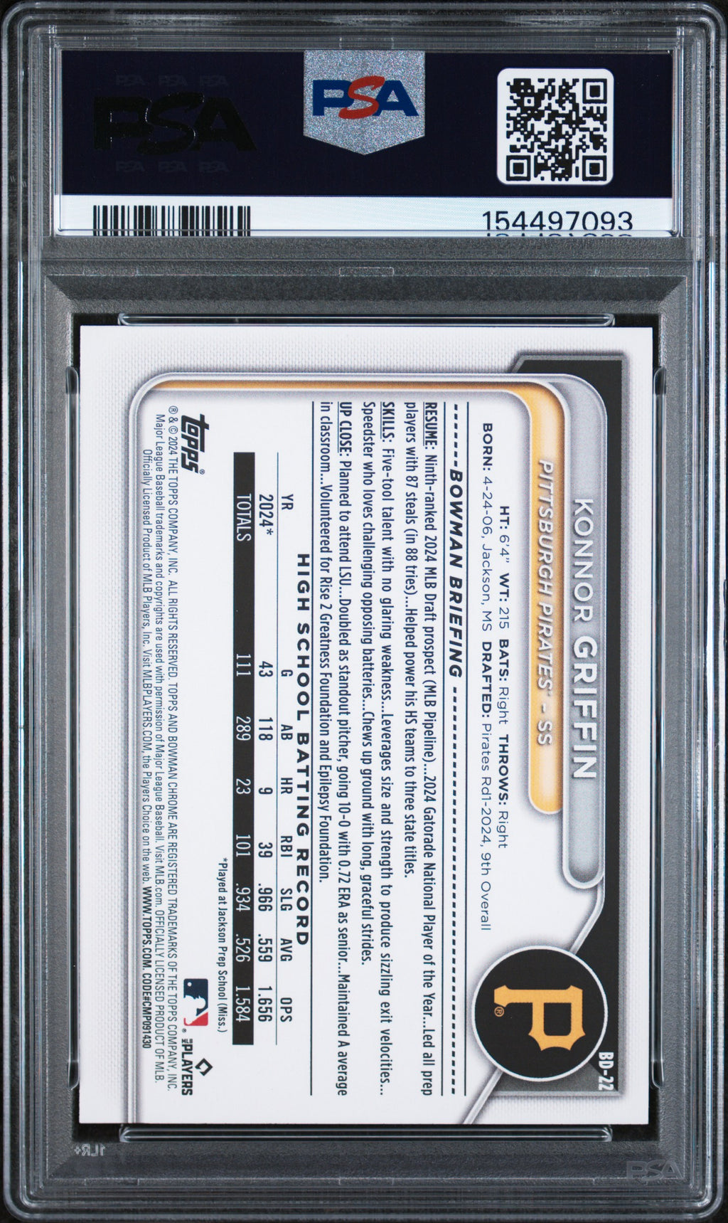 2024 Bowman Draft #BD22 Konnor Griffin PSA 10