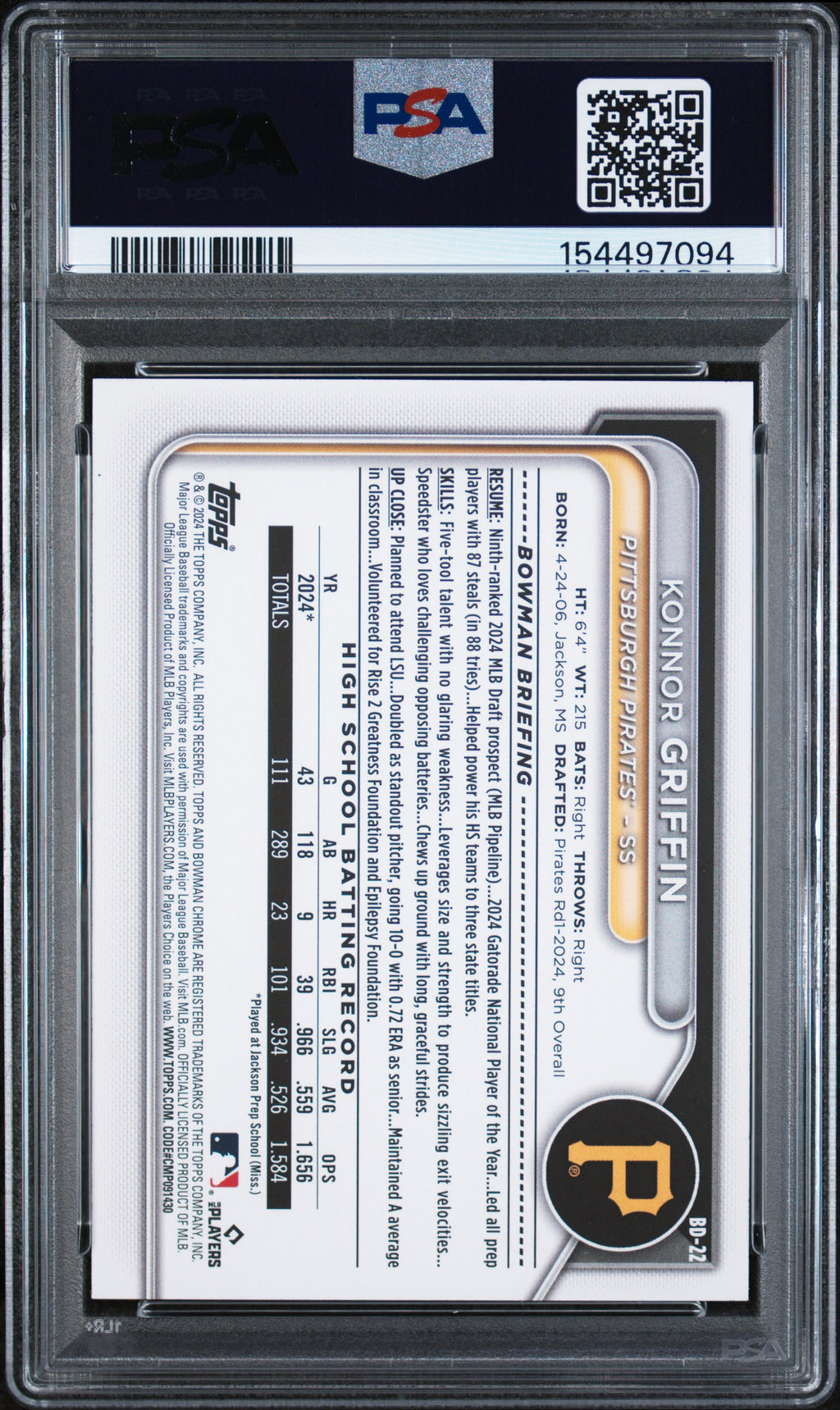 2024 Bowman Draft #BD22 Konnor Griffin PSA 10