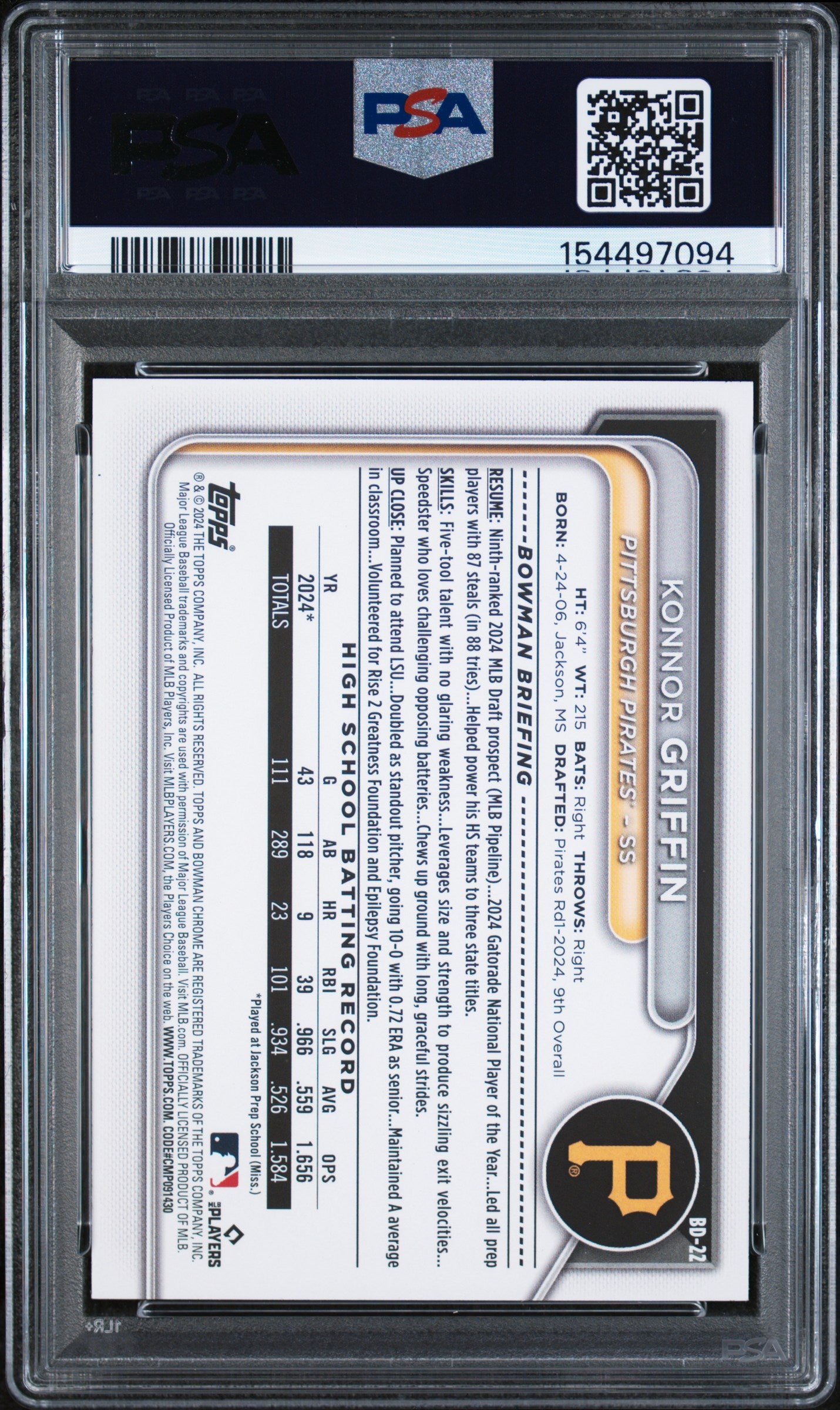 2024 Bowman Draft #BD22 Konnor Griffin PSA 10