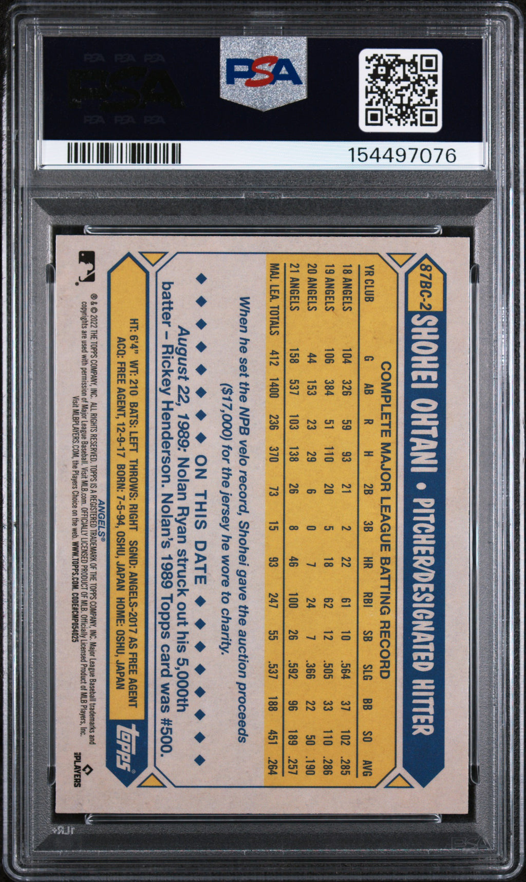 (#97076) Shohei Ohtani 2022 Topps Chrome 1987 Topps Baseball #87BC2 Shohei PSA 9