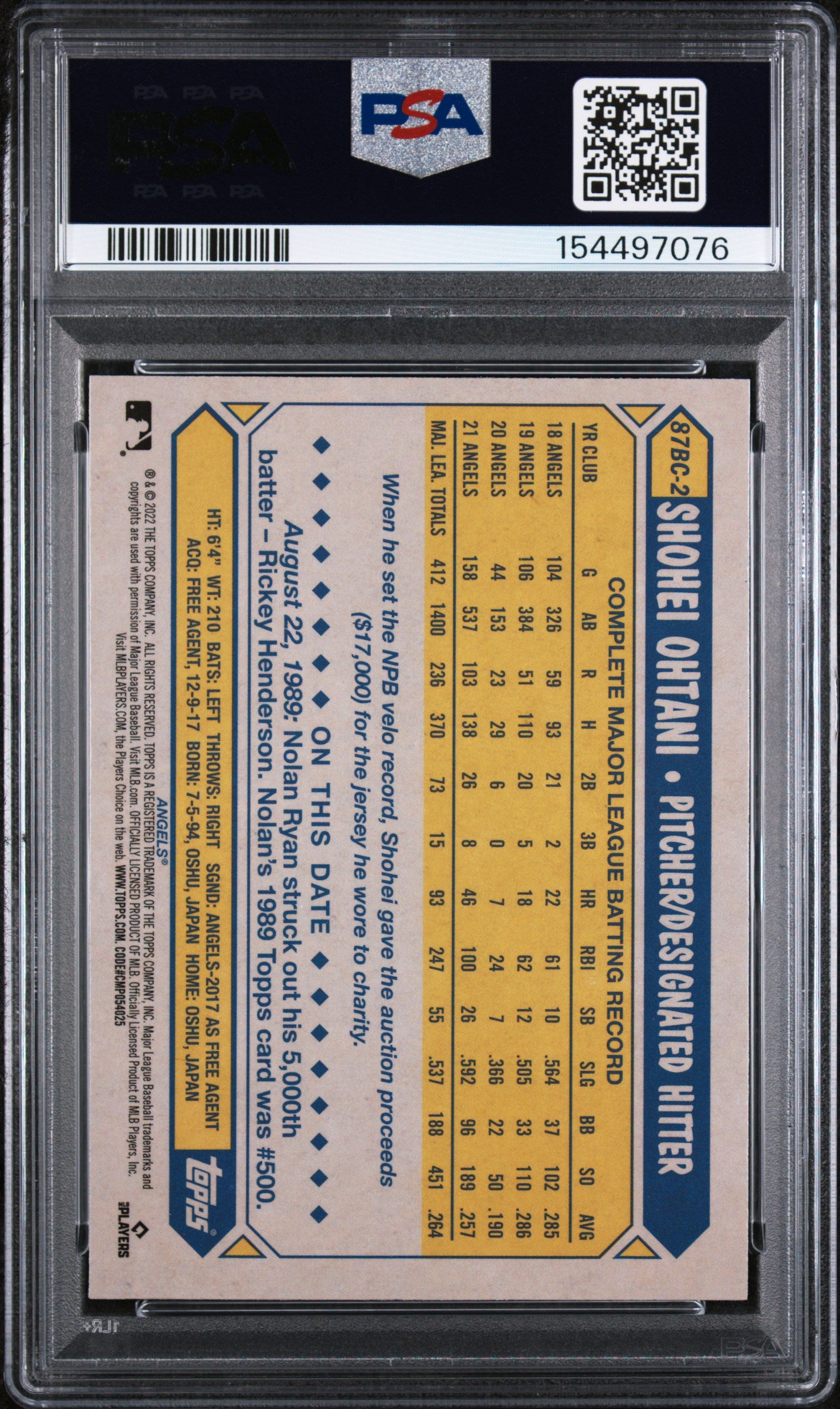 (#97076) Shohei Ohtani 2022 Topps Chrome 1987 Topps Baseball #87BC2 Shohei PSA 9