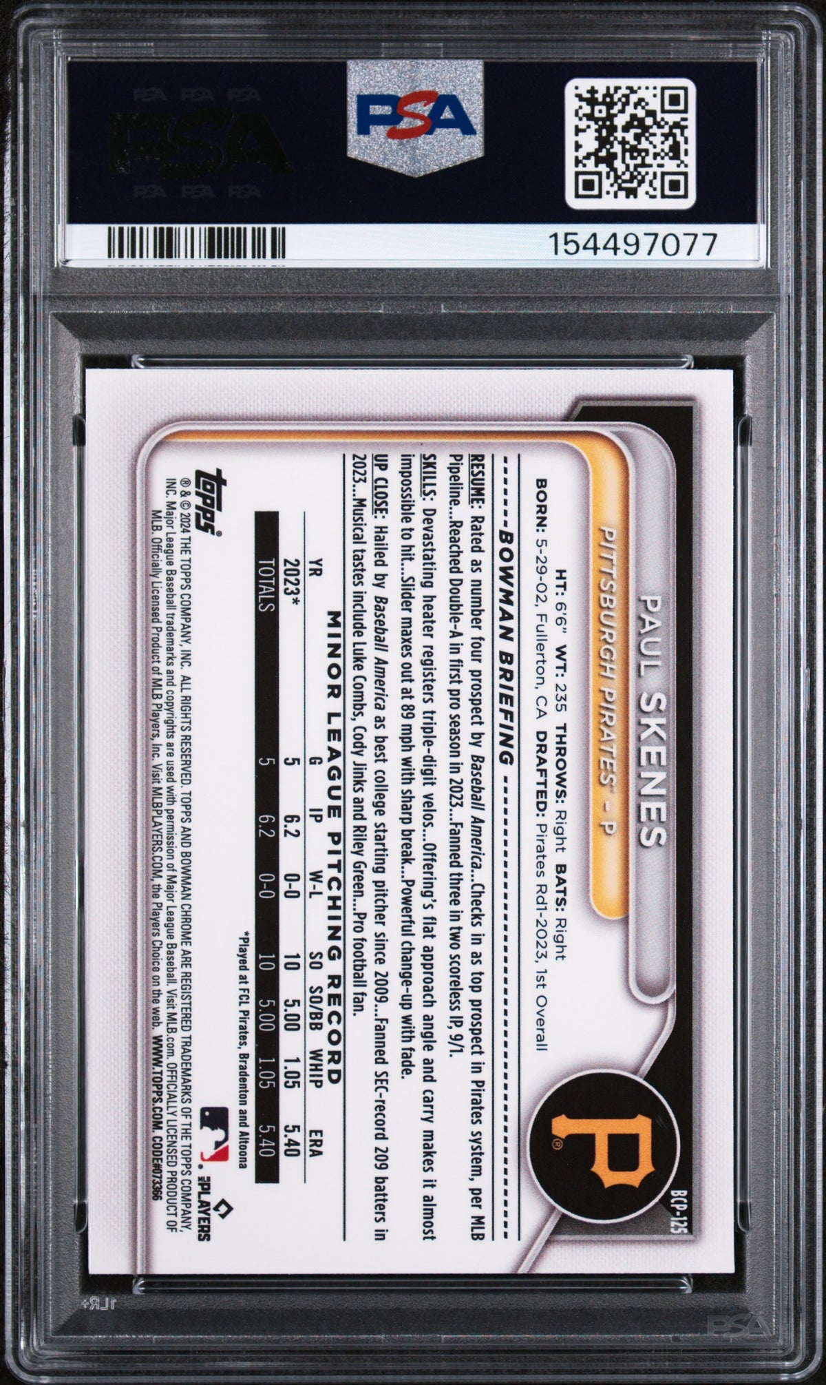2024 Bowman Mega Box Chrome Prospects #125 Paul Skenes PSA 9