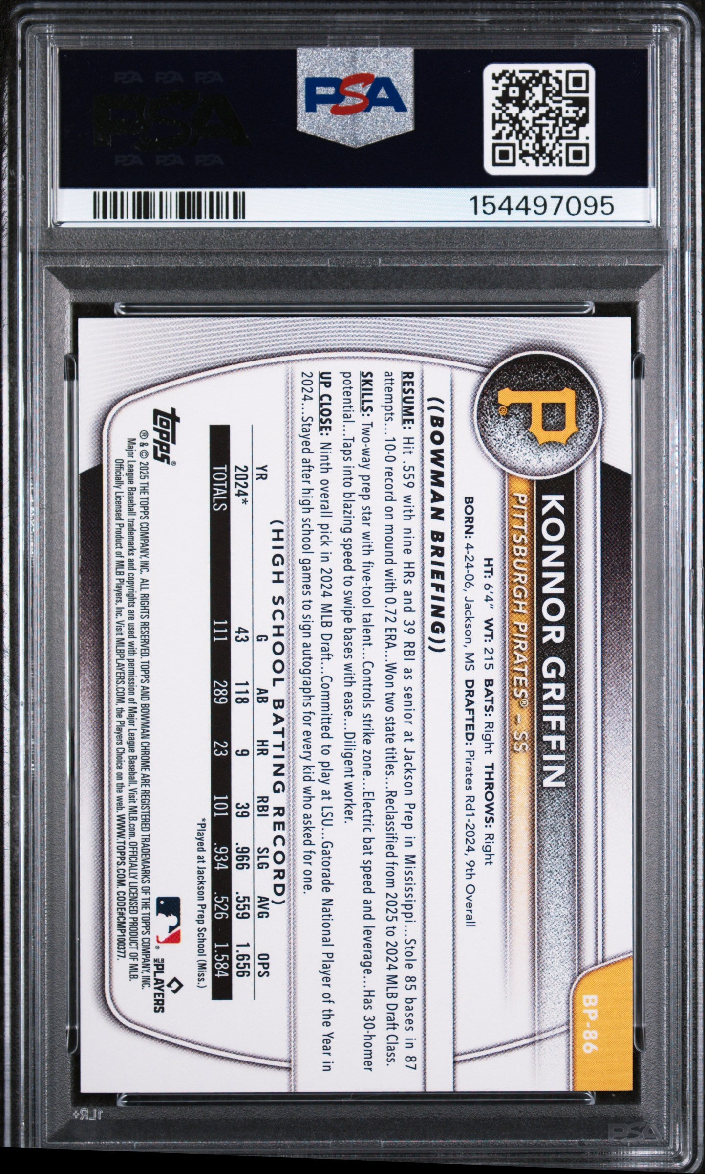 (#97095) 2025 Bowman Paper Prospects #BP86 Konnor Griffin PSA 9