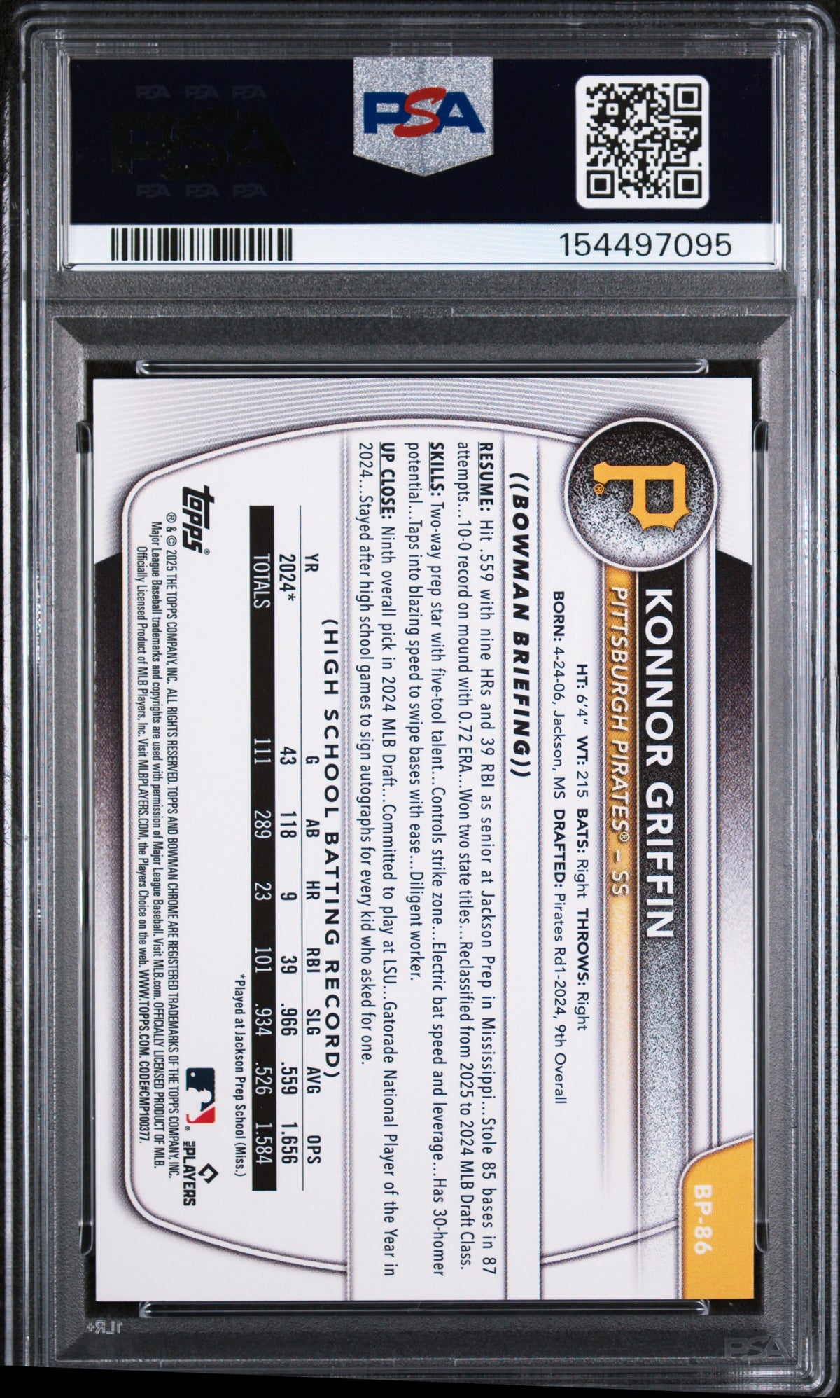 2025 Bowman Paper Prospects #BP86 Konnor Griffin PSA 9