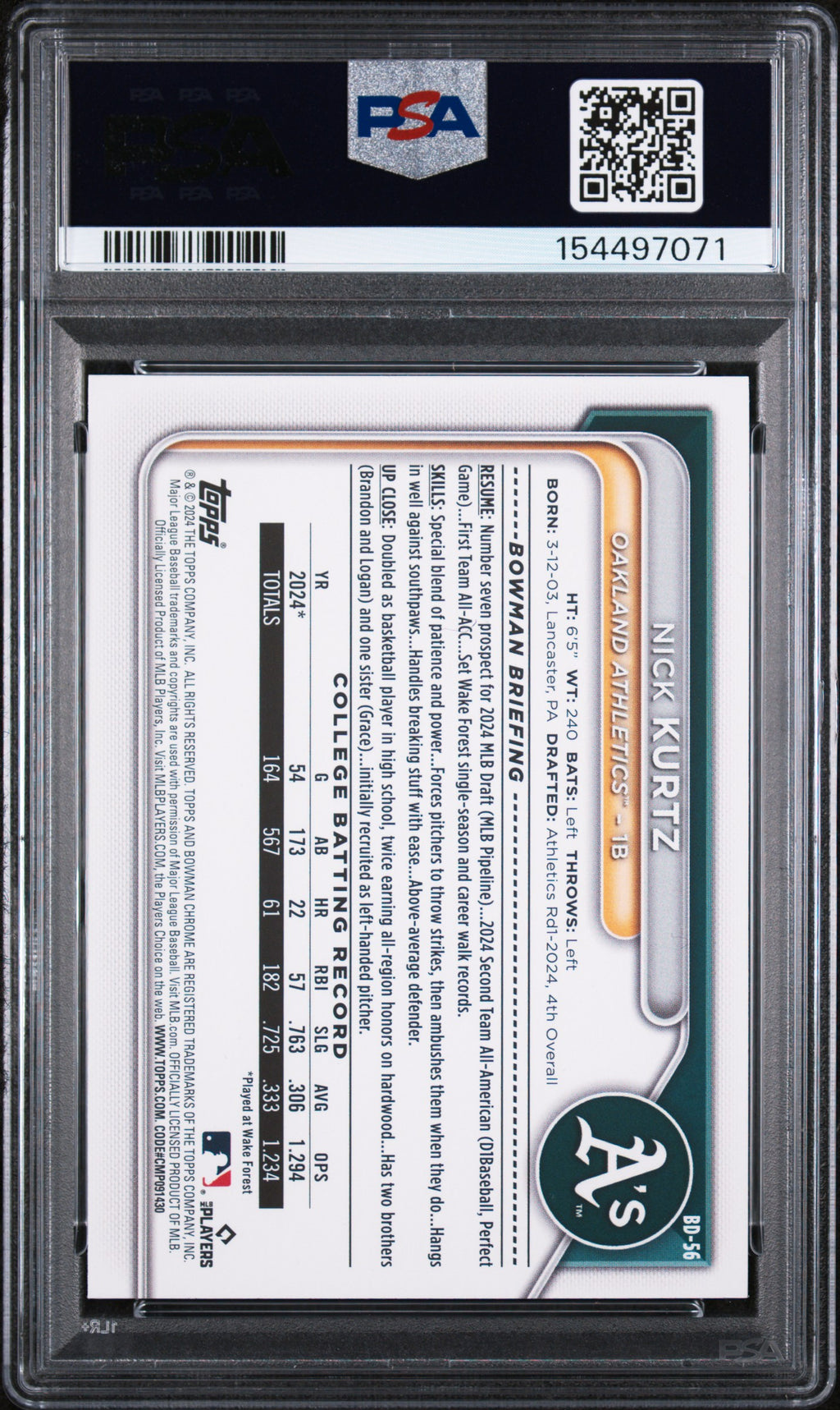 (#97071) Nick Kurtz 2024 Bowman Draft #BD56 PSA 9