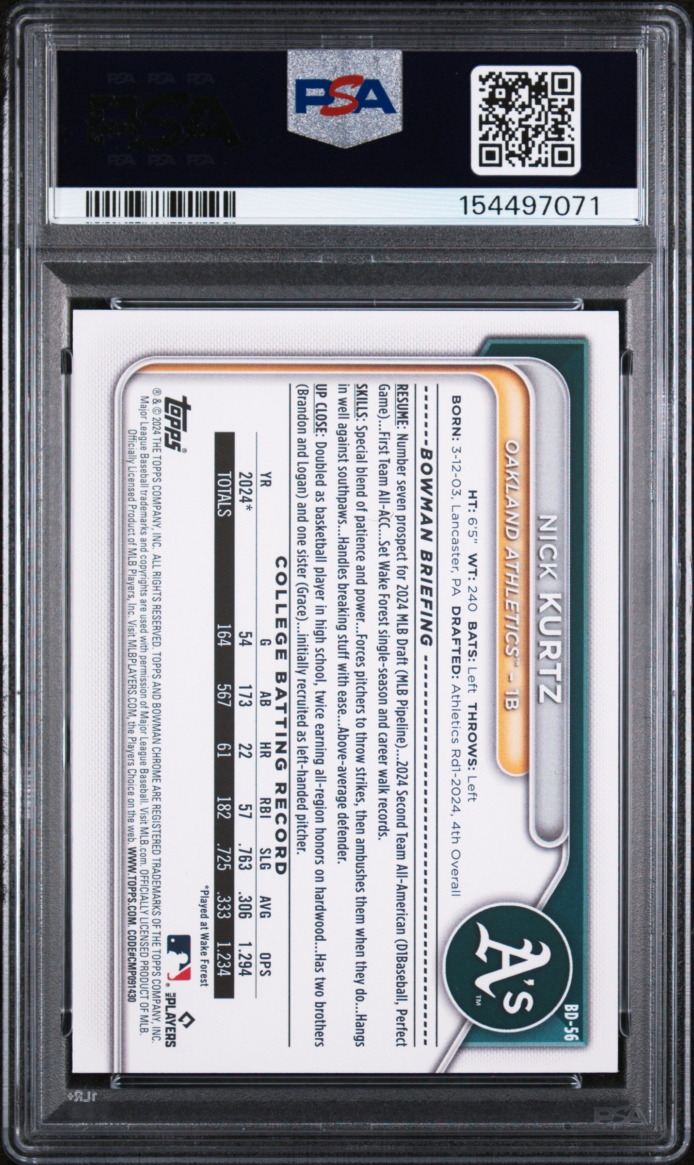 (#97071) Nick Kurtz 2024 Bowman Draft #BD56 PSA 9