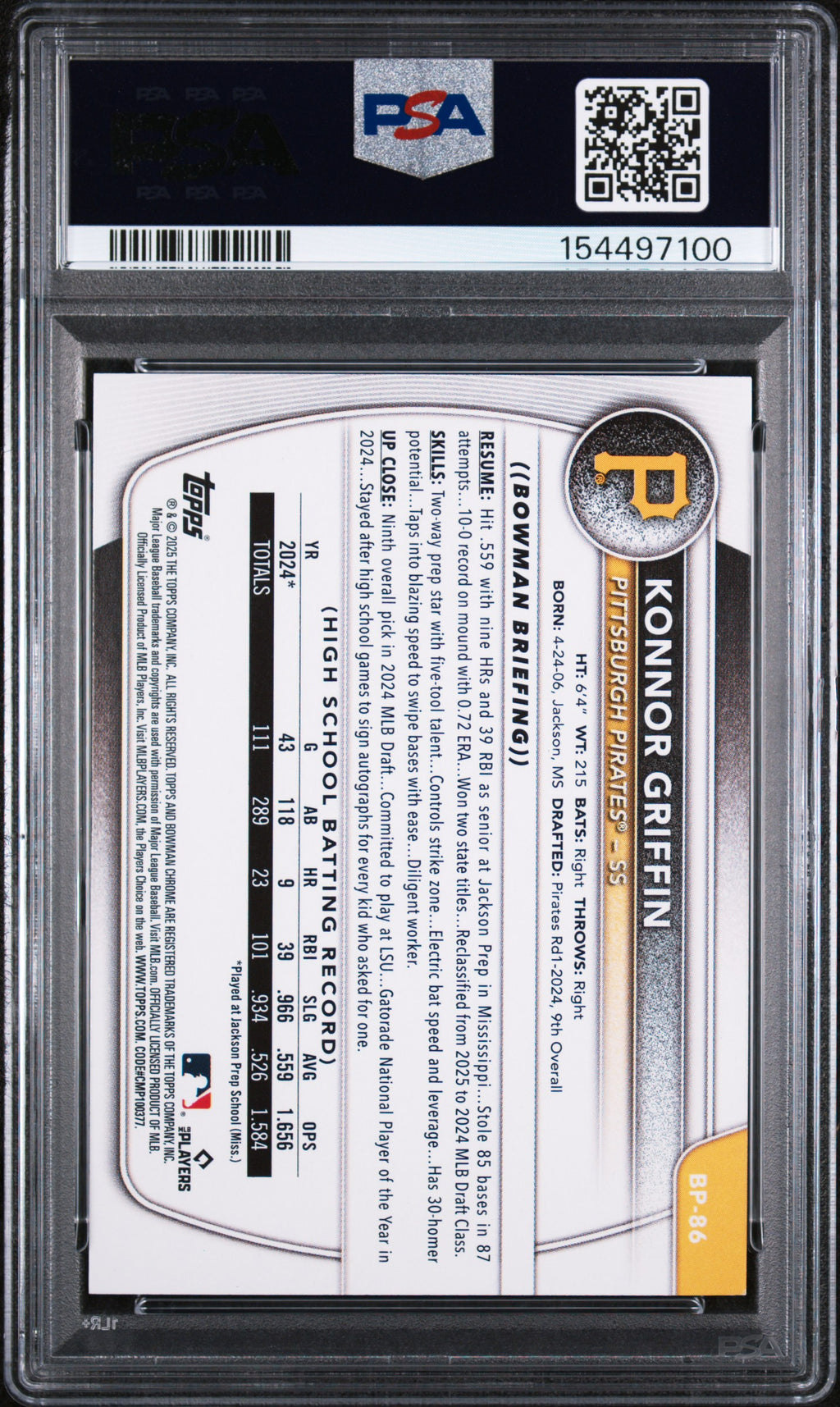 (#97100) 2025 Bowman Paper Prospects #BP86 Konnor Griffin PSA 9
