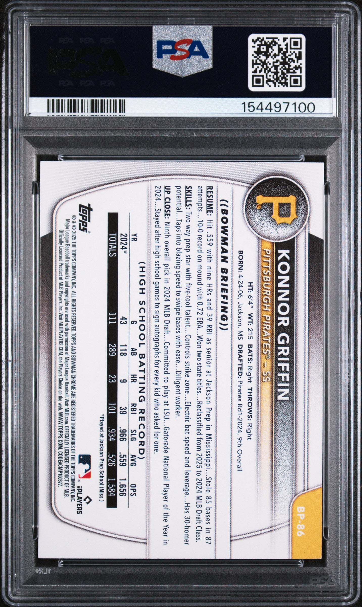 (#97100) 2025 Bowman Paper Prospects #BP86 Konnor Griffin PSA 9
