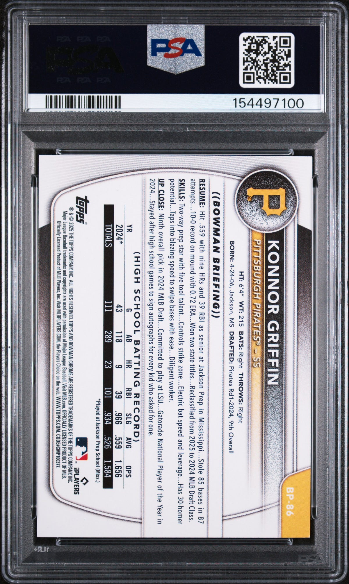 2025 Bowman Paper Prospects #BP86 Konnor Griffin PSA 9
