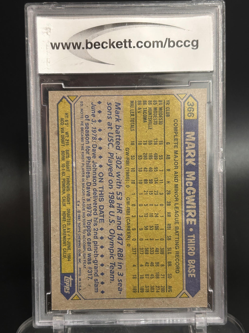 1987 Topps #366 Mark McGwire BCCG 9