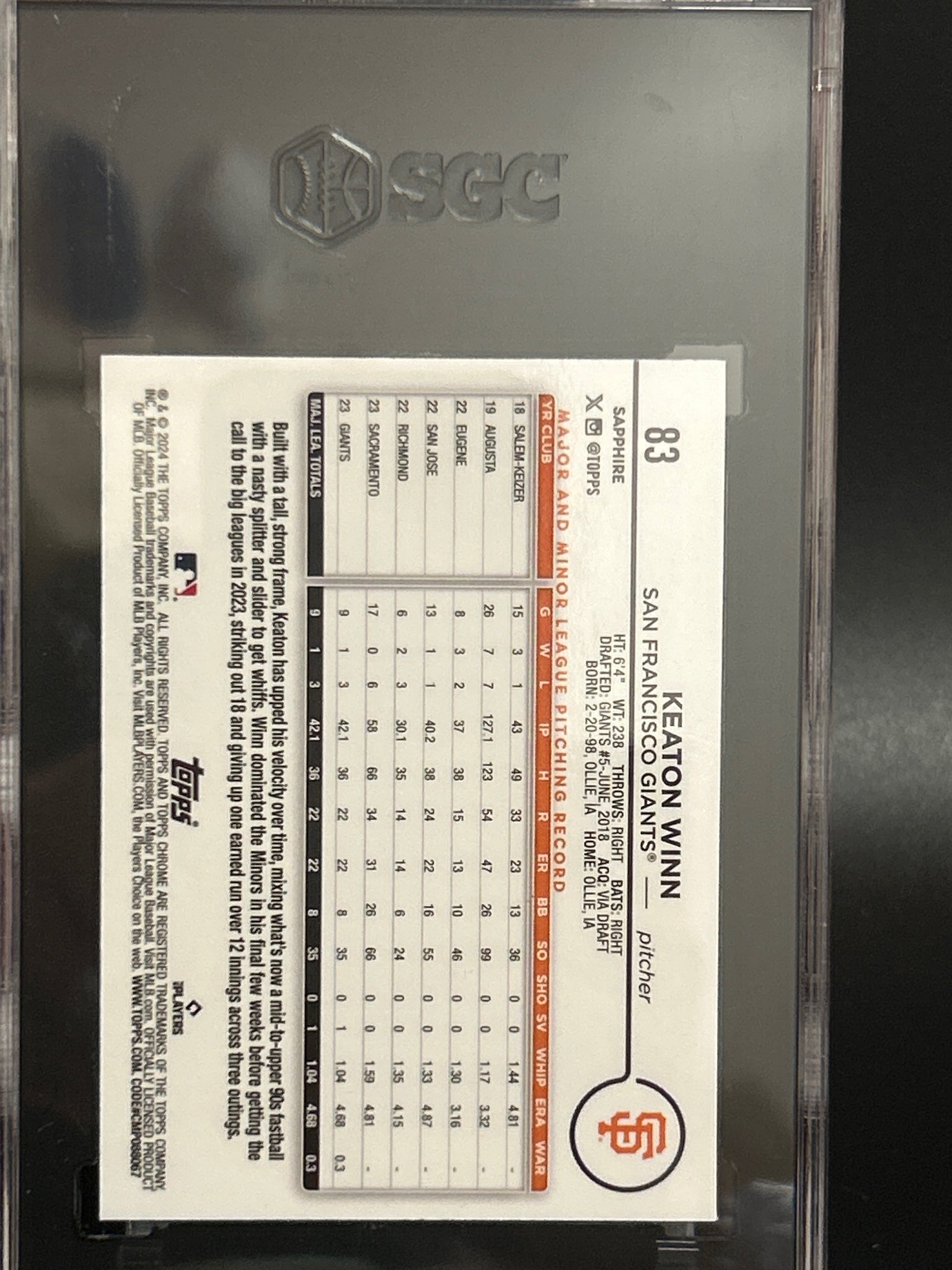 2024 Topps Chrome Sapphire Edition #83 Keaton Winn Orange SGC 10 #/25