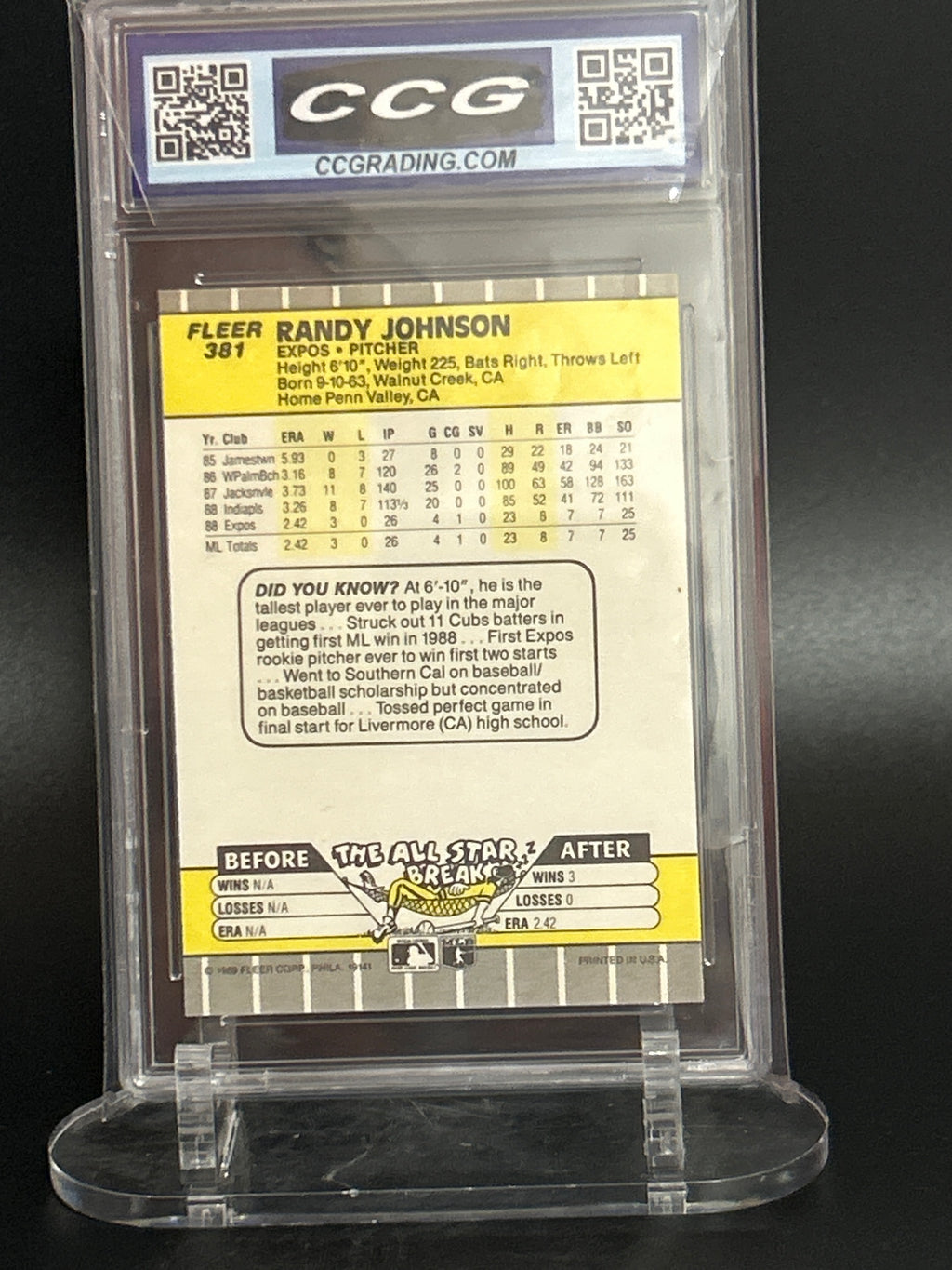1989 Fleer #381 Randy Johnson BCCG 9.5