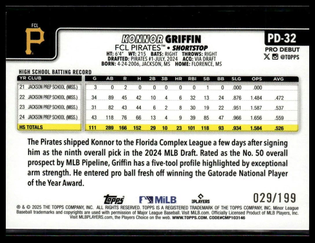2025 Topps Pro Debut #PD-32 Konnor Griffin Purple Foil #/299