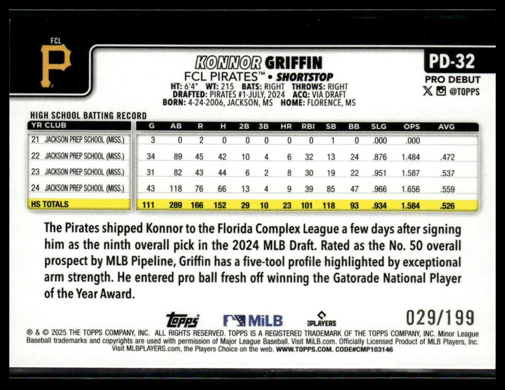 2025 Topps Pro Debut #PD-32 Konnor Griffin Purple Foil #/299
