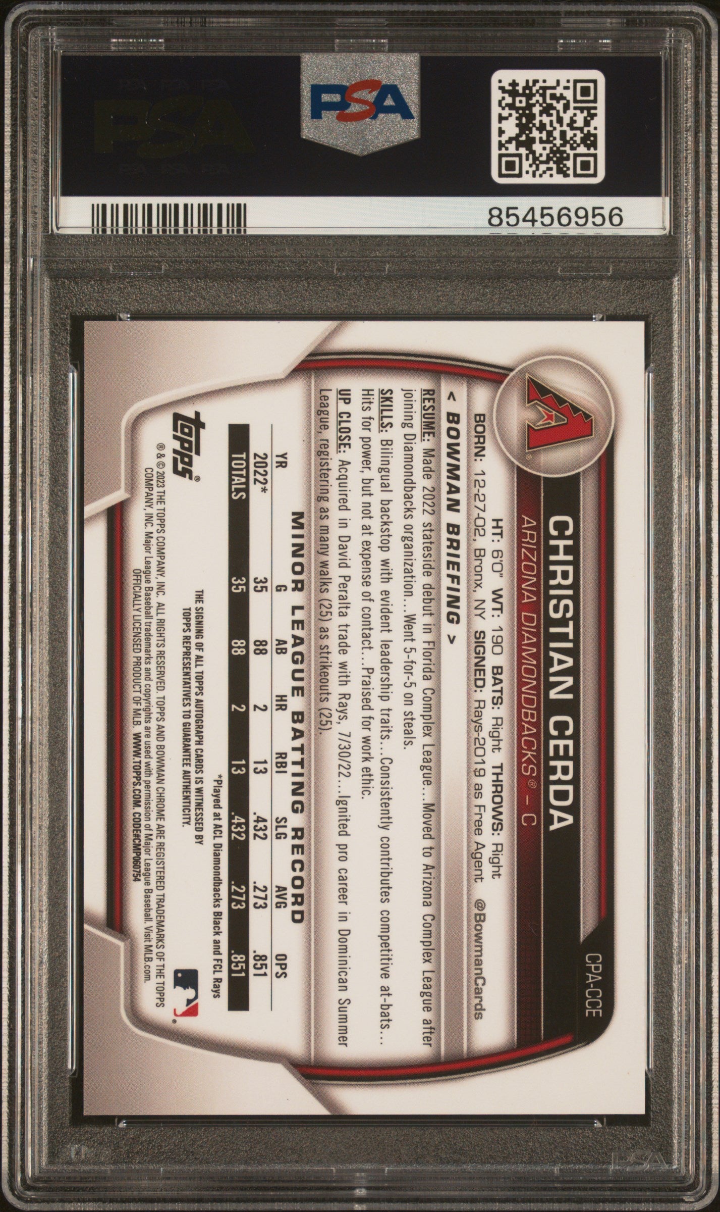 2023 Bowman Chrome Prospect Autographs #CPACCE Christian Cerda PSA 10