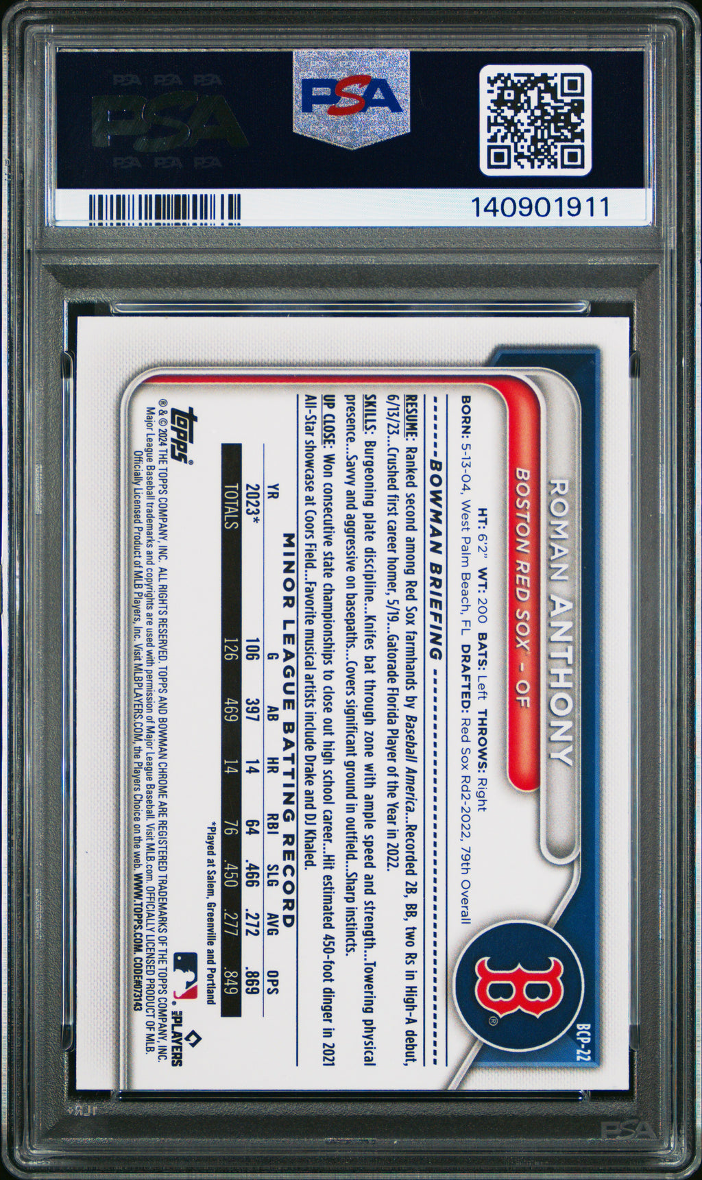 2024 Bowman Sapphire Edition Chrome Prospects #BCP22 Roman Anthony PSA 10