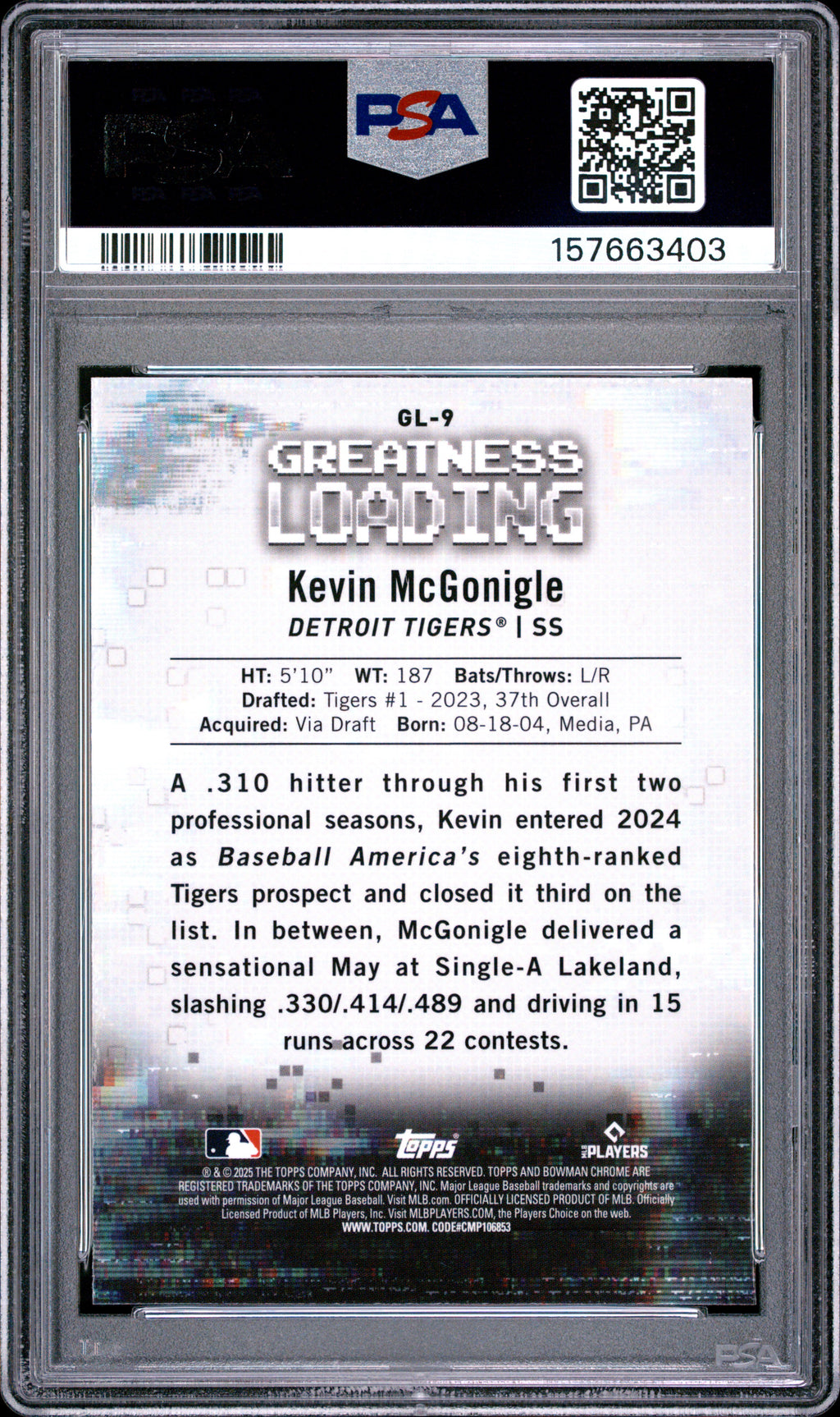 2025 Bowman Greatness Loading #GL9 Kevin Mcgonigle PSA 9