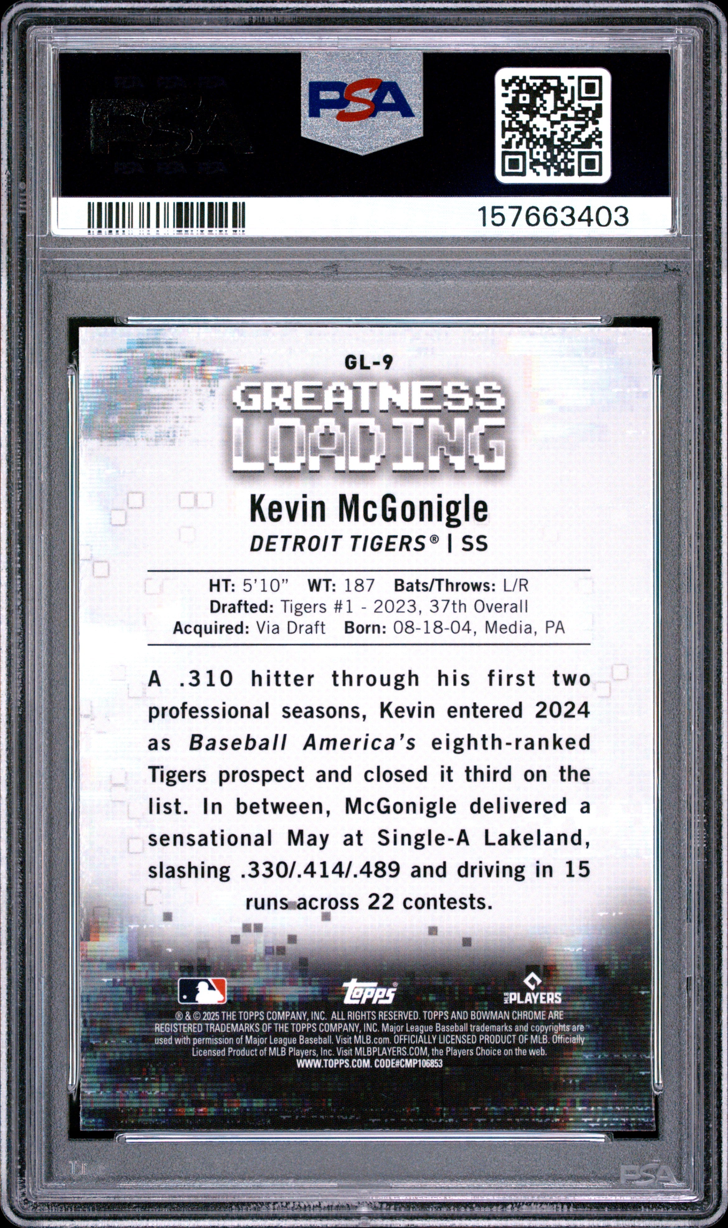 2025 Bowman Greatness Loading #GL9 Kevin Mcgonigle PSA 9