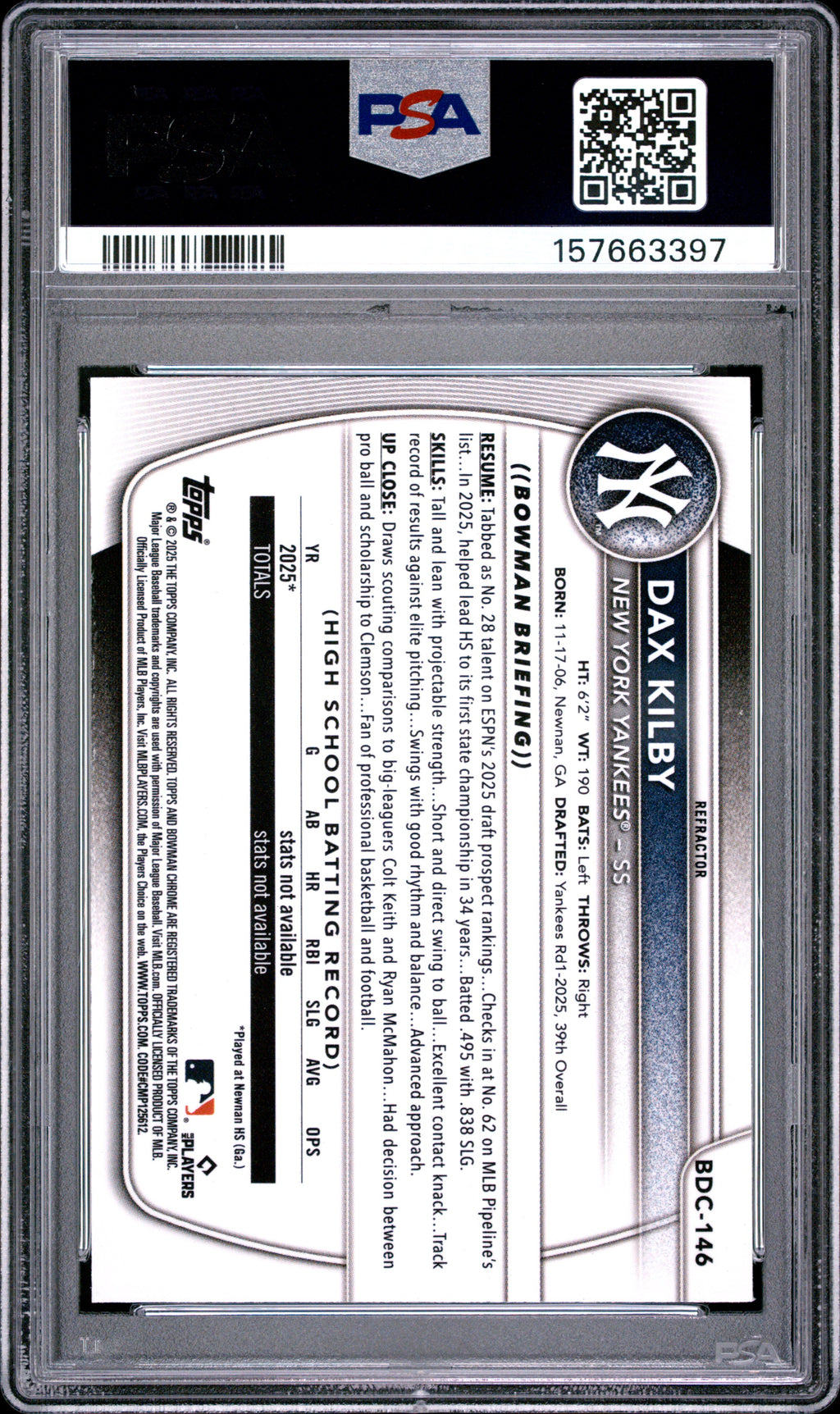 2025 Bowman Draft #BDC-146 Dax Kilby Chrome-Refractor PSA 9