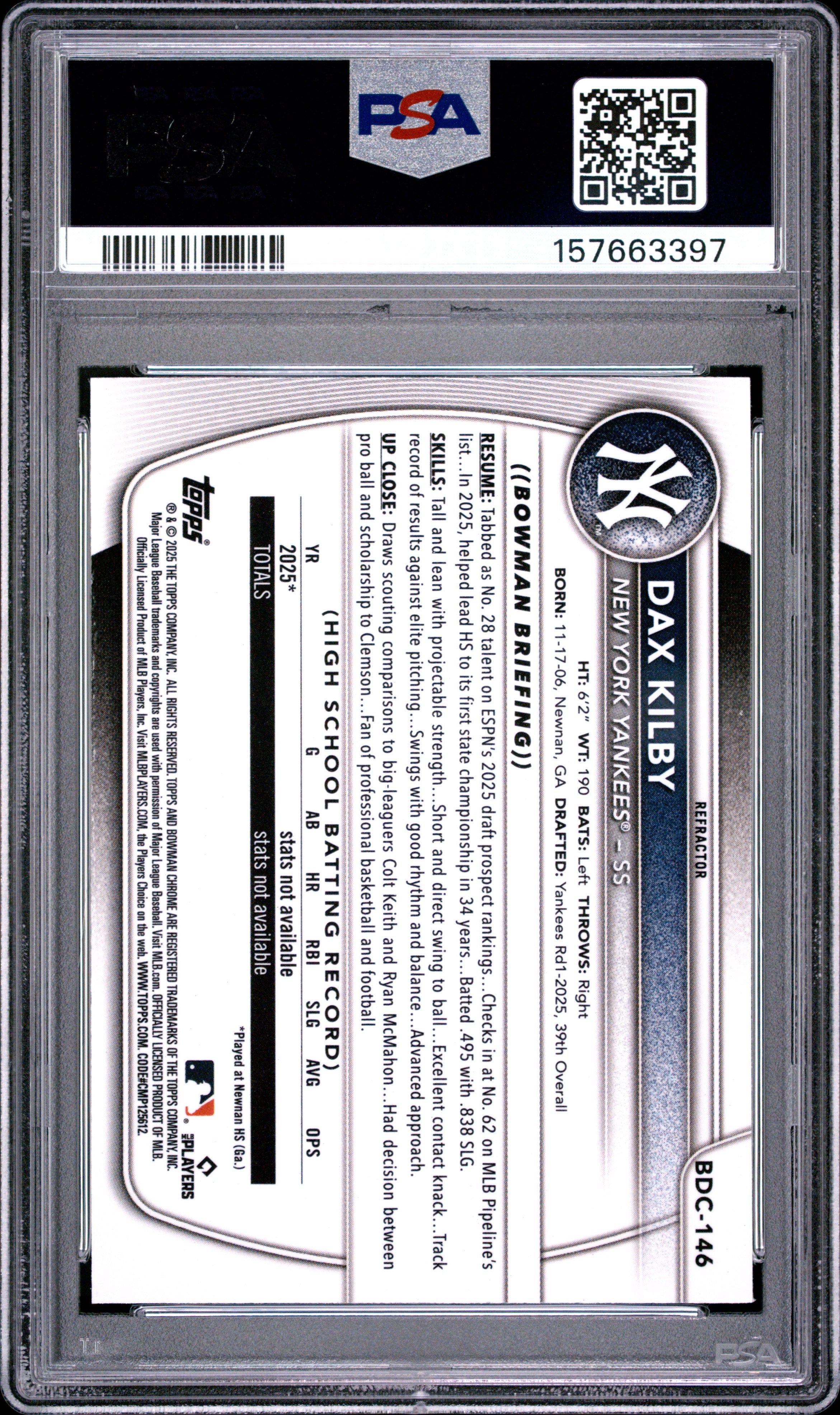 2025 Bowman Draft #BDC-146 Dax Kilby Chrome-Refractor PSA 9