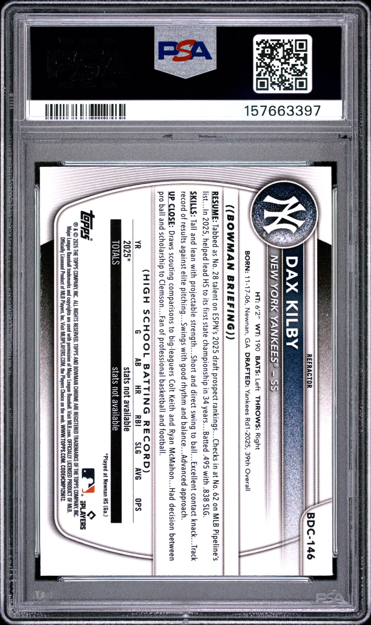 2025 Bowman Draft #BDC-146 Dax Kilby Chrome-Refractor PSA 9
