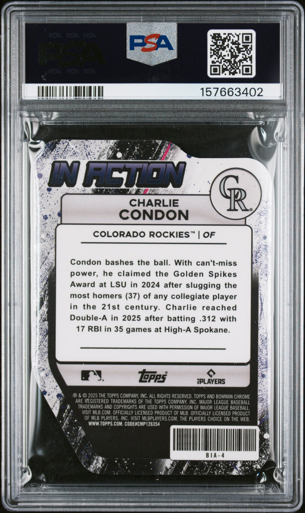 2025 Bowman Draft Mega Box Mega Box Bowman In Action #4 Charlie Condon PSA 8