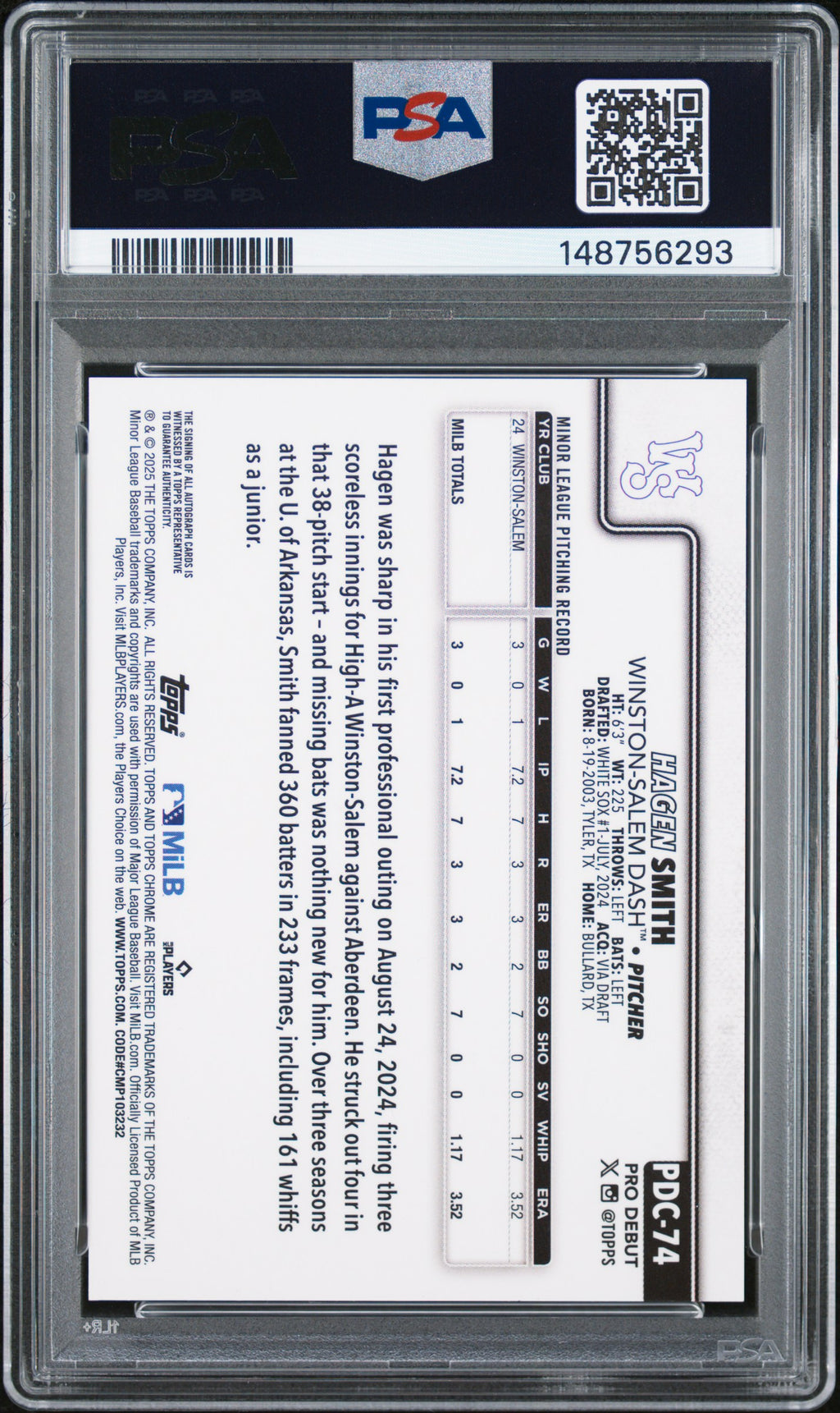 2025 Topps Pro Debut #74 Hagen Smith Chr-Au-Refractor PSA 10
