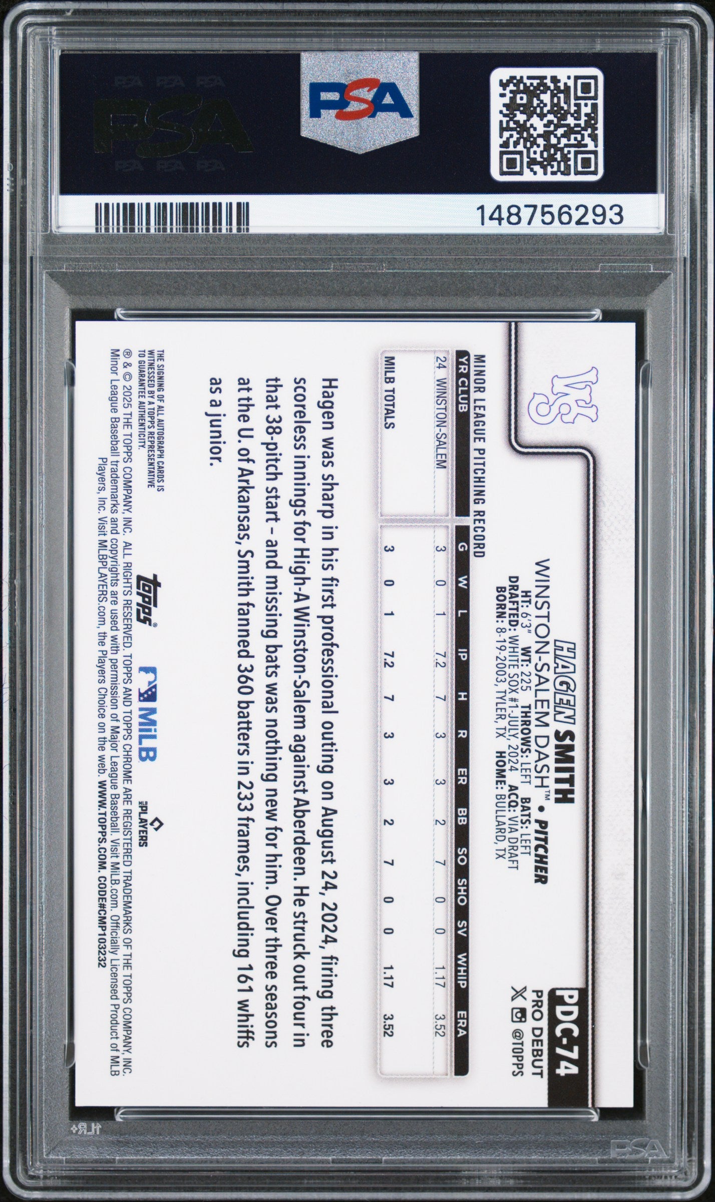 2025 Topps Pro Debut #74 Hagen Smith Chr-Au-Refractor PSA 10