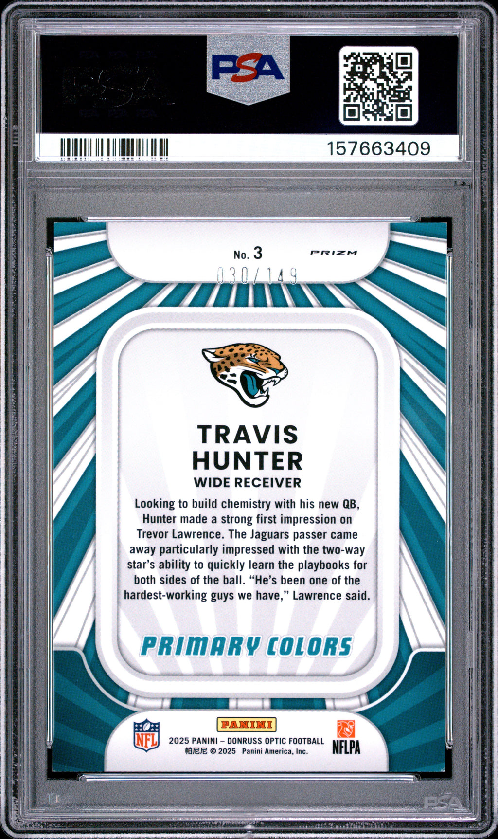 2025 Panini Donruss Optic Rookie Primary Colors #3 Travis Hunter Bk Pndora PSA 8