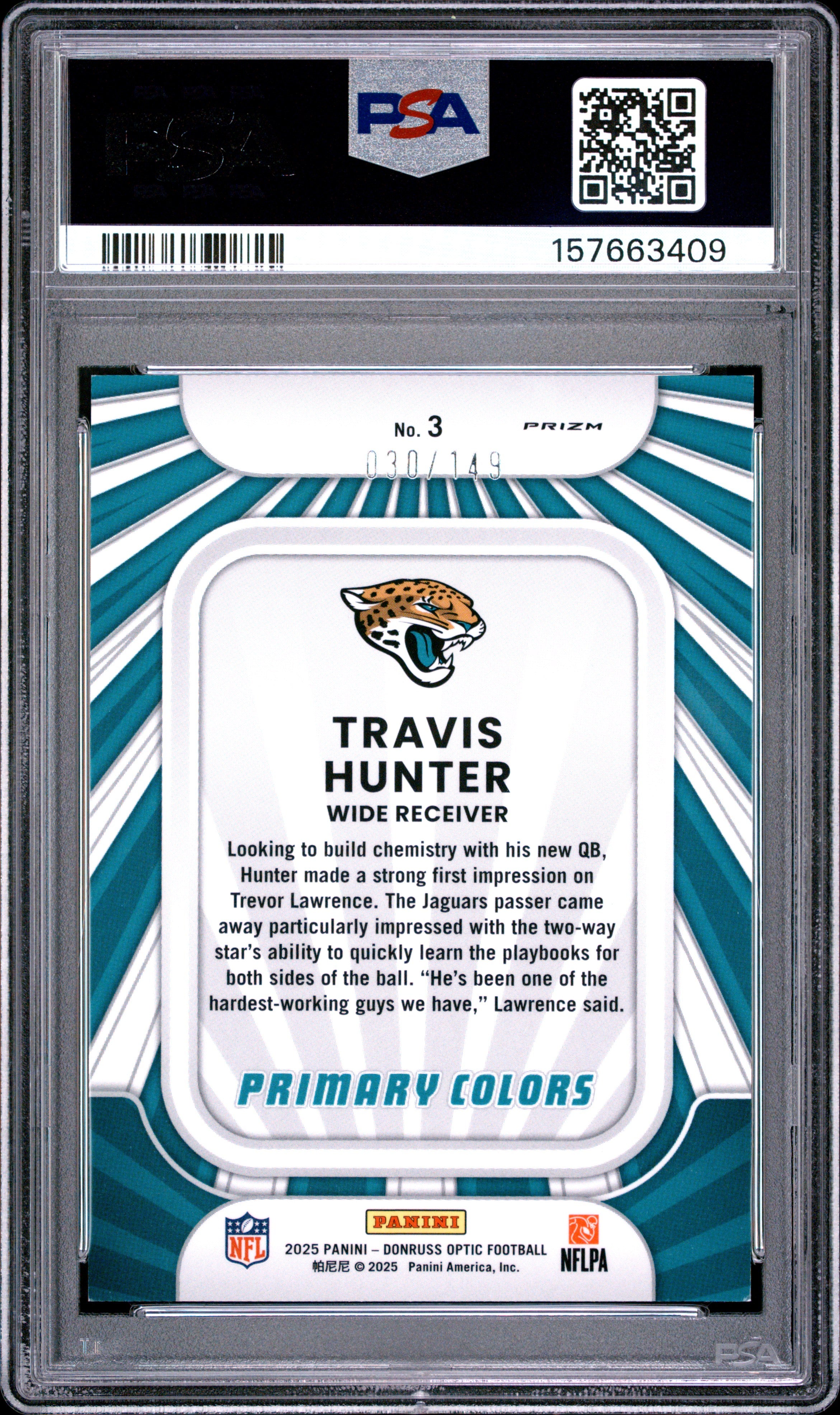 2025 Panini Donruss Optic Rookie Primary Colors #3 Travis Hunter Bk Pndora PSA 8