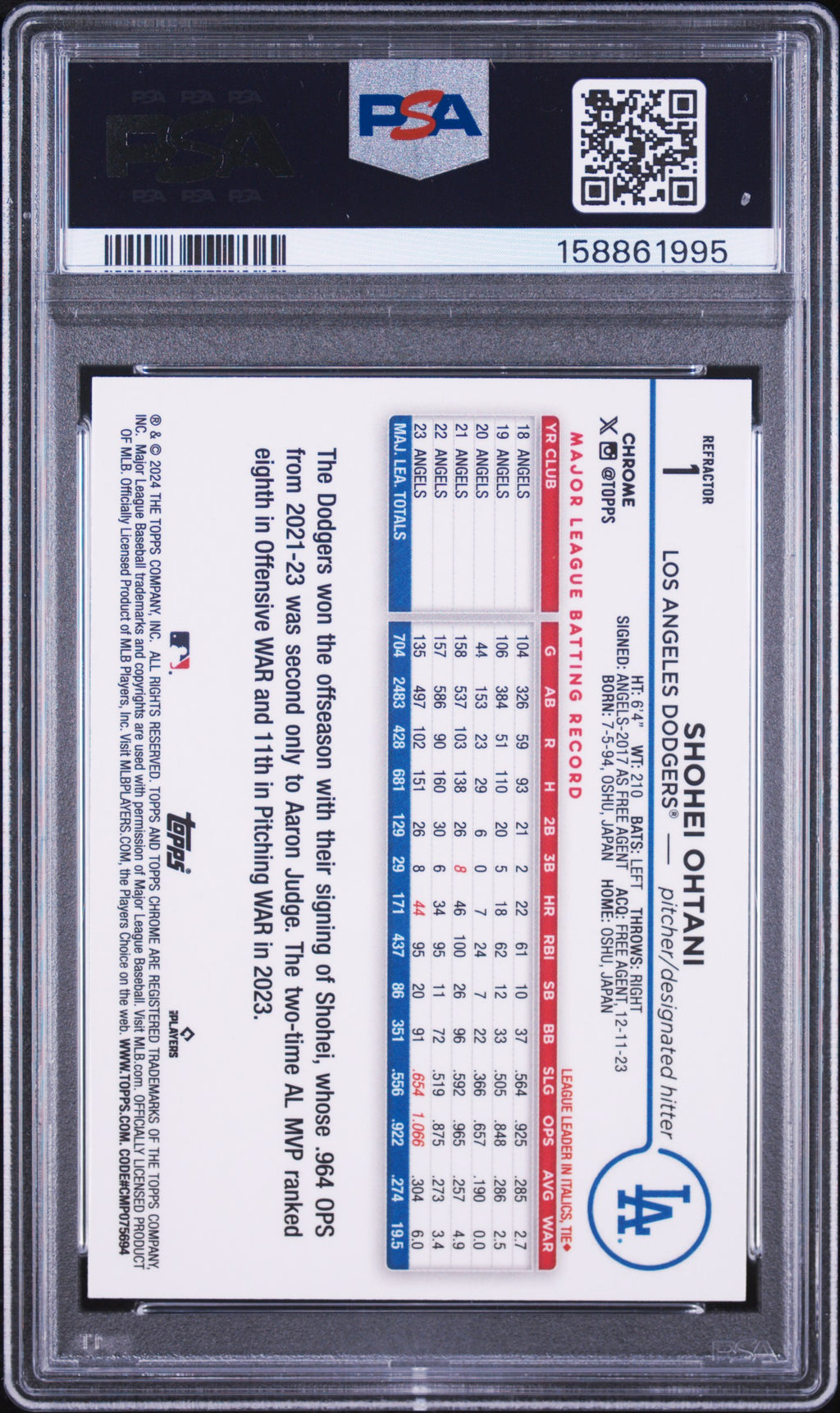 2024 Topps Chrome #1 Shohei Ohtani Refractor PSA 9