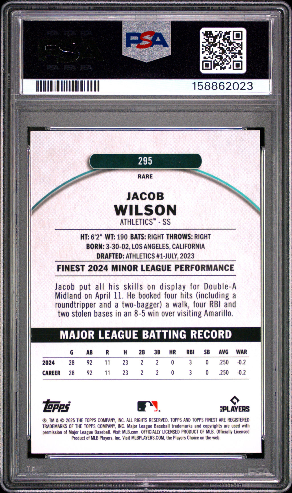 2025 Topps Finest #295 Jacob Wilson Checkerboard Refractor PSA 10