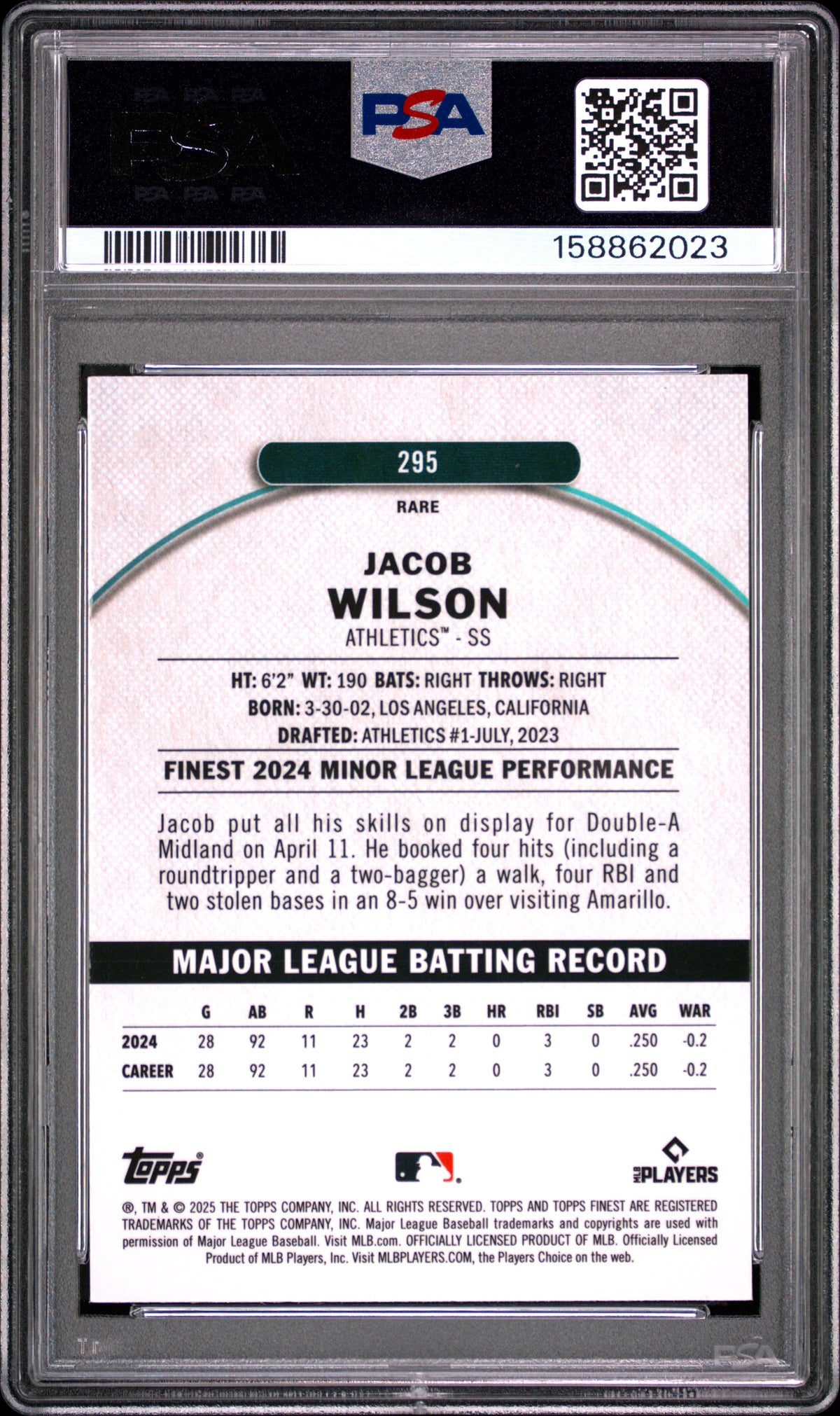 2025 Topps Finest #295 Jacob Wilson Checkerboard Refractor PSA 10