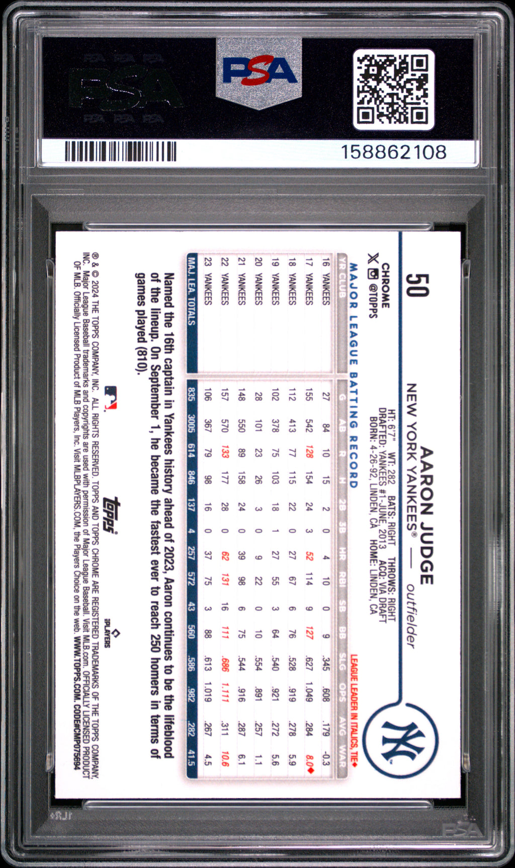 2024 Topps Chrome #50 Aaron Judge Raywave PSA 9