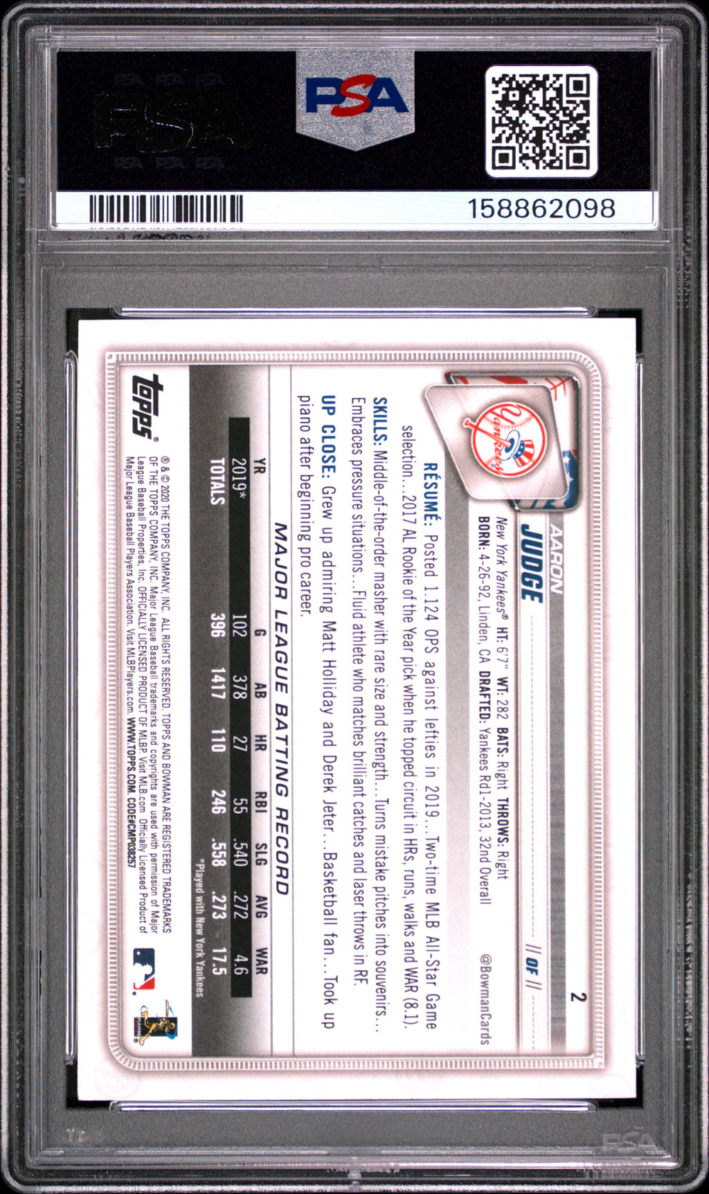 2020 Bowman #2 Aaron Judge PSA 10