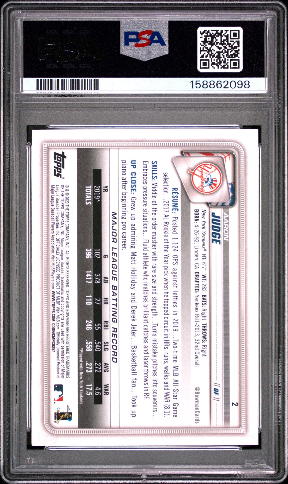 2020 Bowman #2 Aaron Judge PSA 10