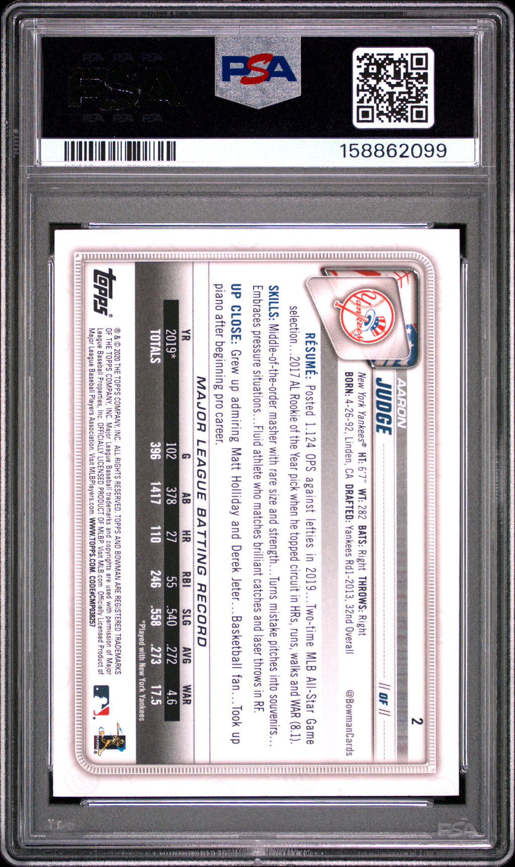 2020 Bowman #2 Aaron Judge PSA 10