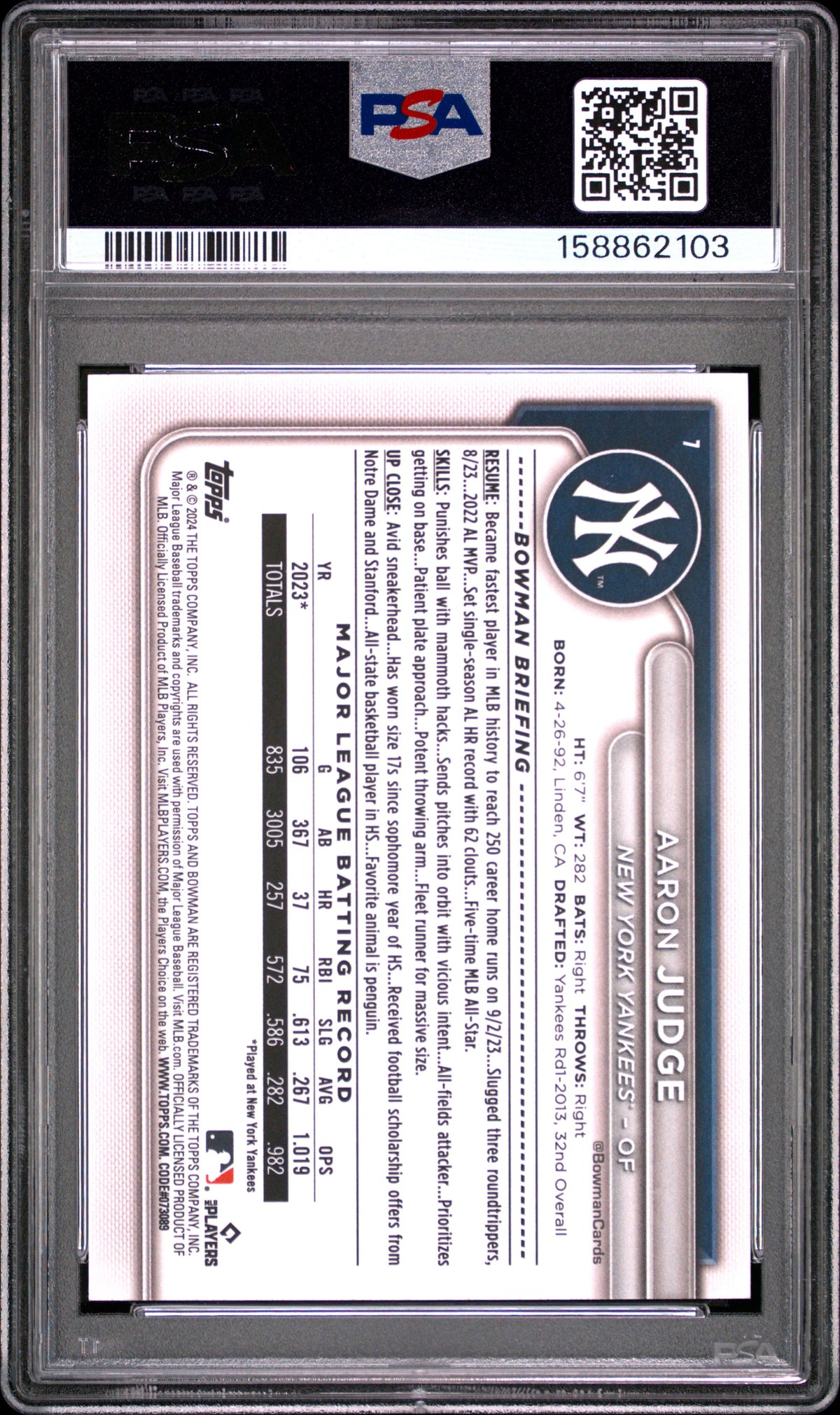 2024 Bowman #7 Aaron Judge PSA 10
