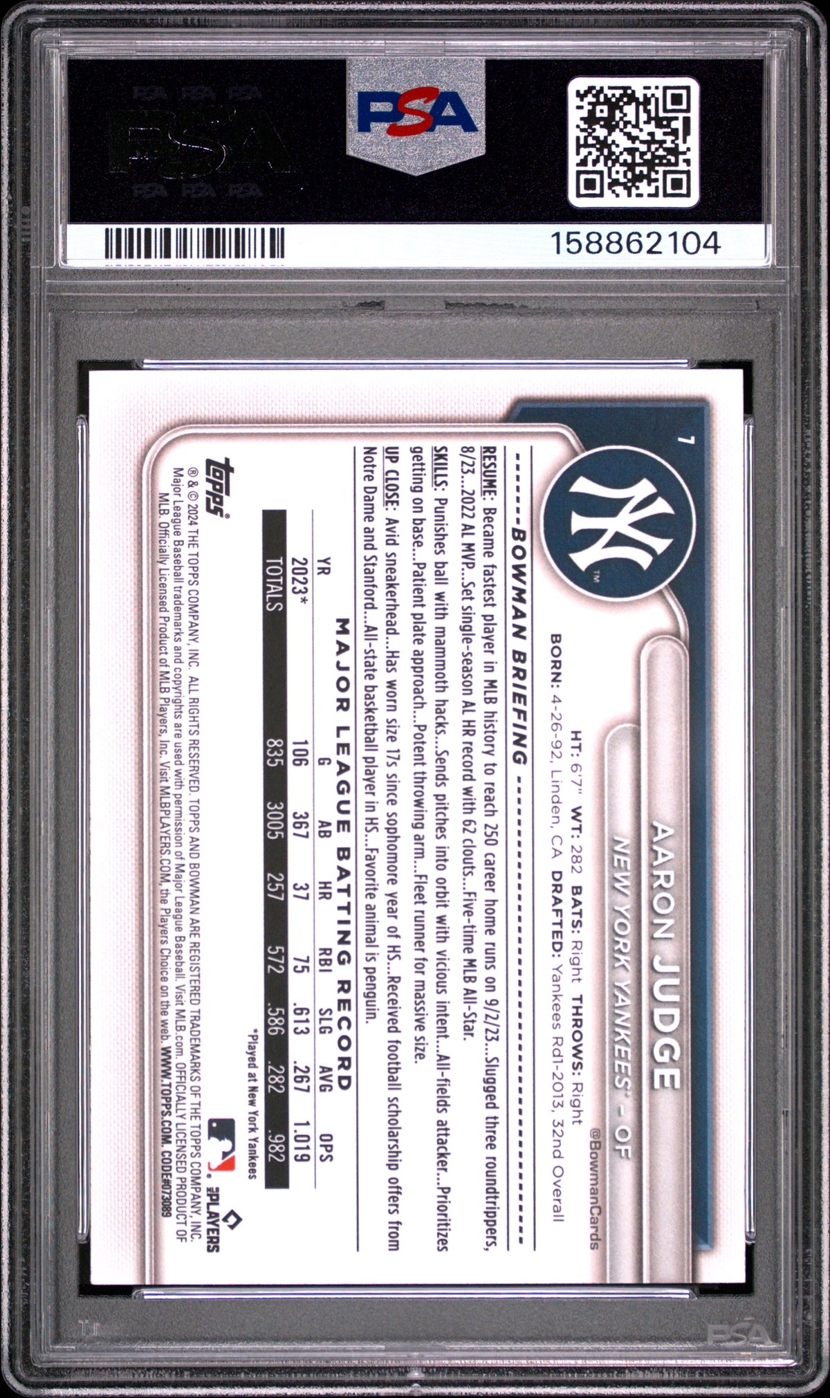 2024 Bowman #7 Aaron Judge PSA 10