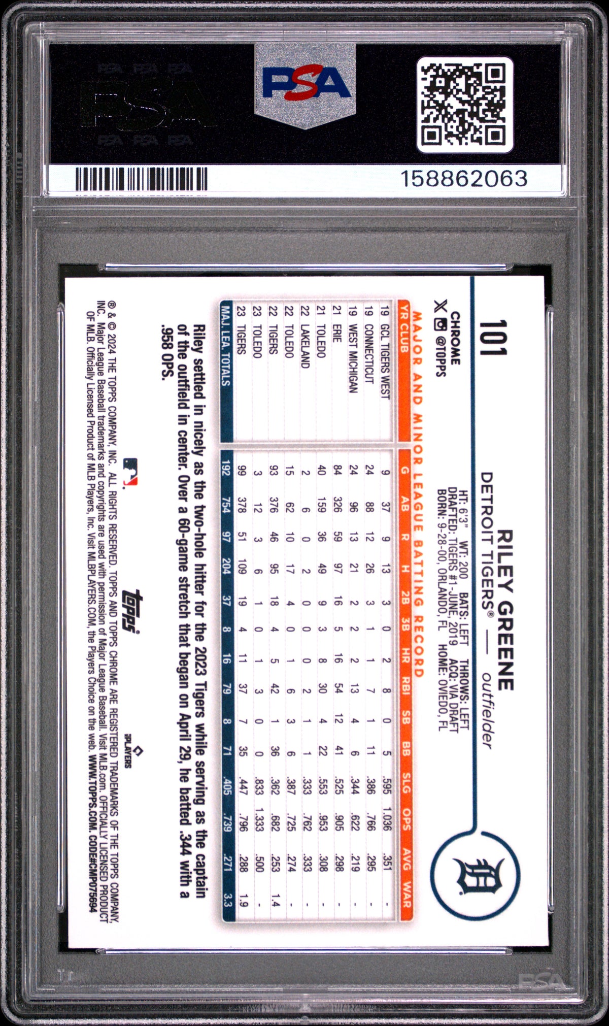 2024 Topps Chrome #101 Riley Greene Negative Refractor PSA 9
