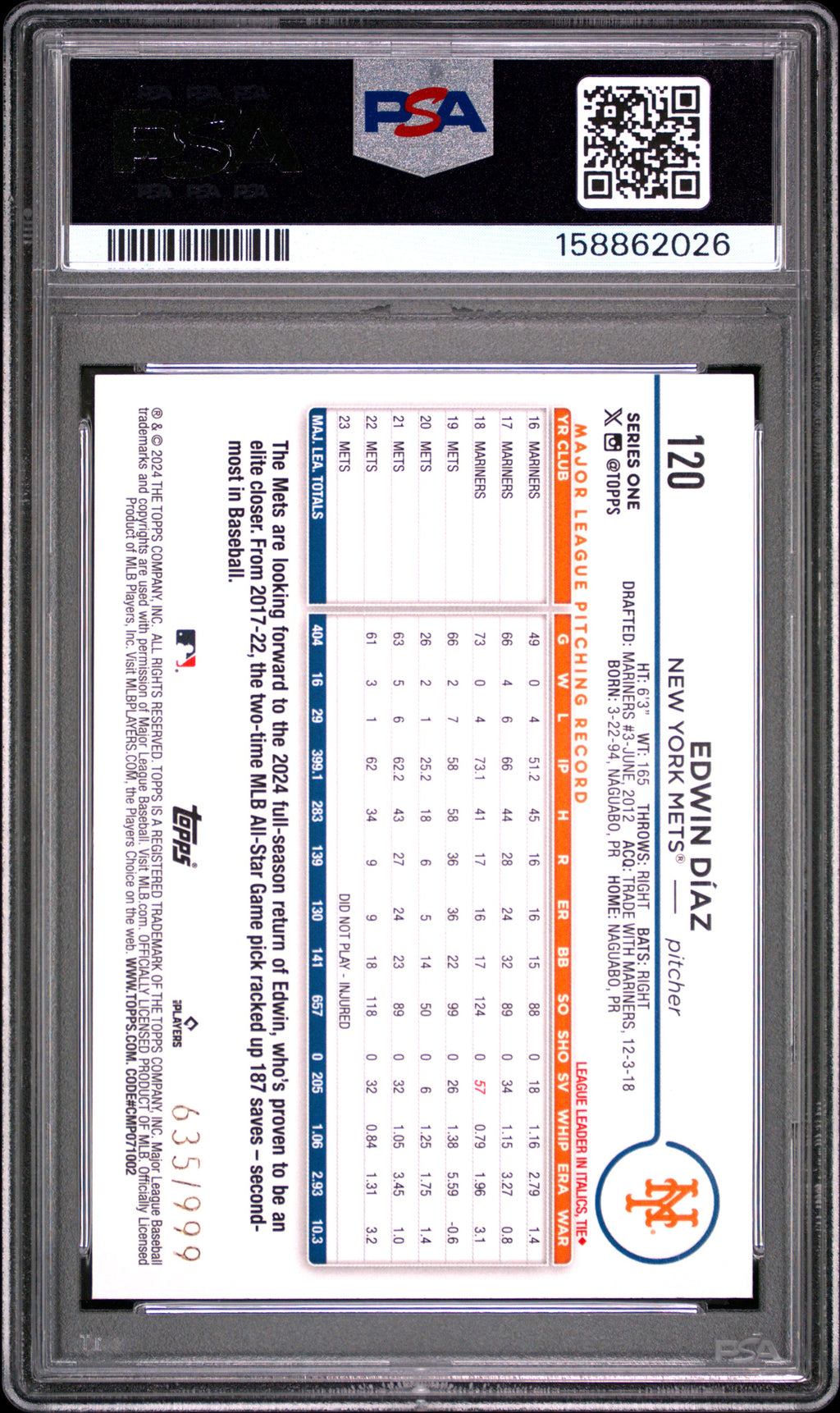 2024 Topps #120 Edwin Diaz Blue Foil #635/999 PSA 10