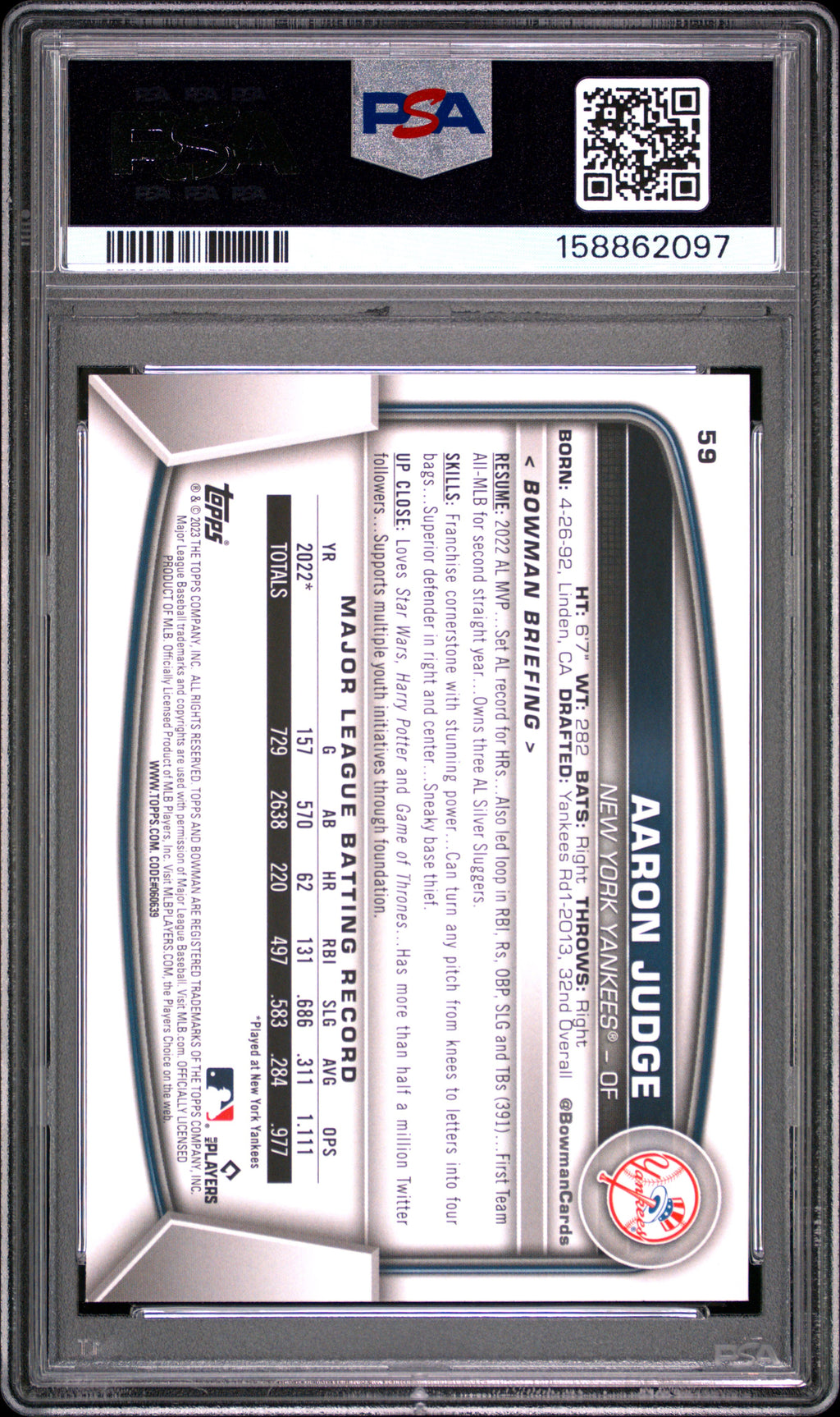 2023 Bowman #59 Aaron Judge PSA 9