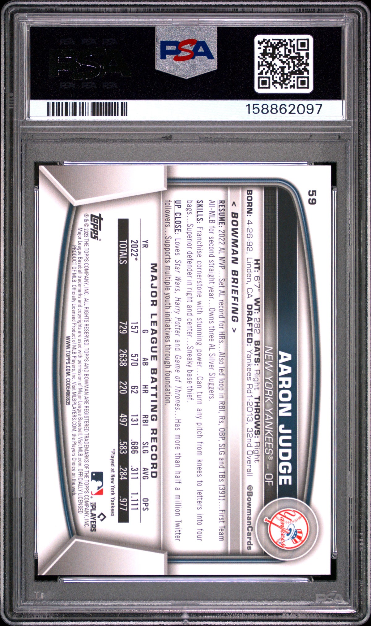 2023 Bowman #59 Aaron Judge PSA 9